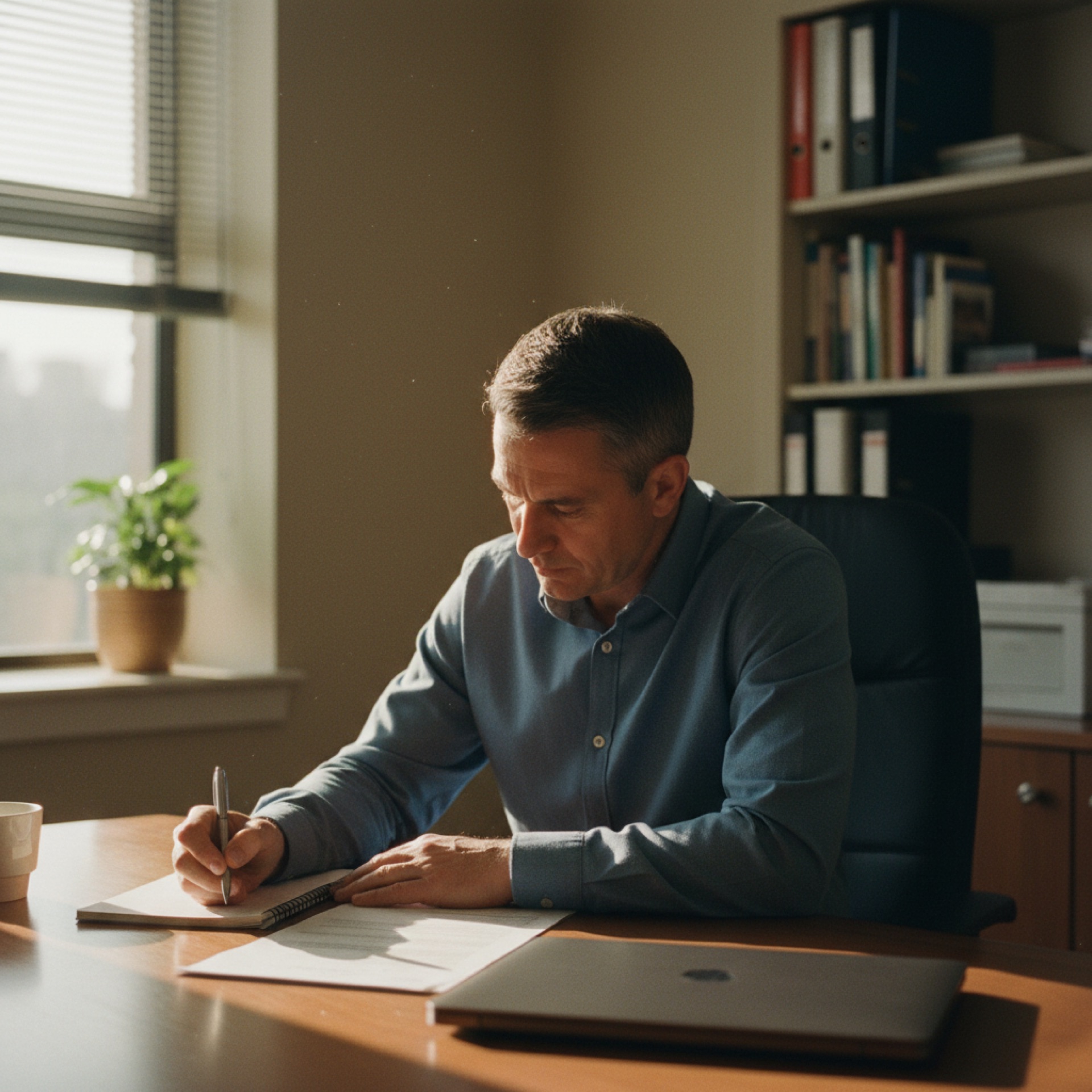 A healthcare professional reviewing a document at a clinic desk with a laptop open beside them