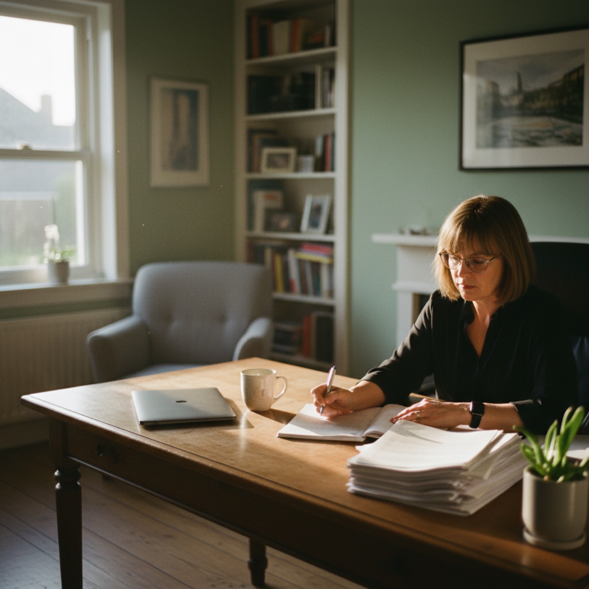 A business owner sitting at a desk reviewing printed documents beside a laptop