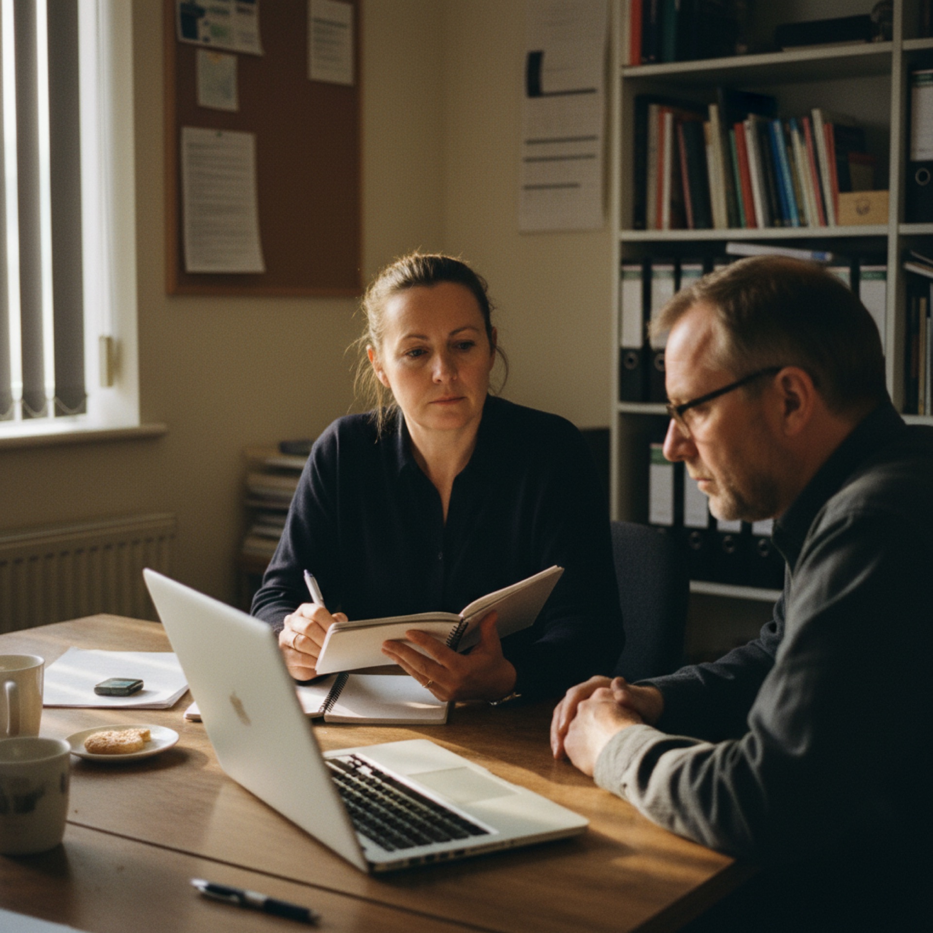 Two people in a small office meeting room looking at a laptop together
