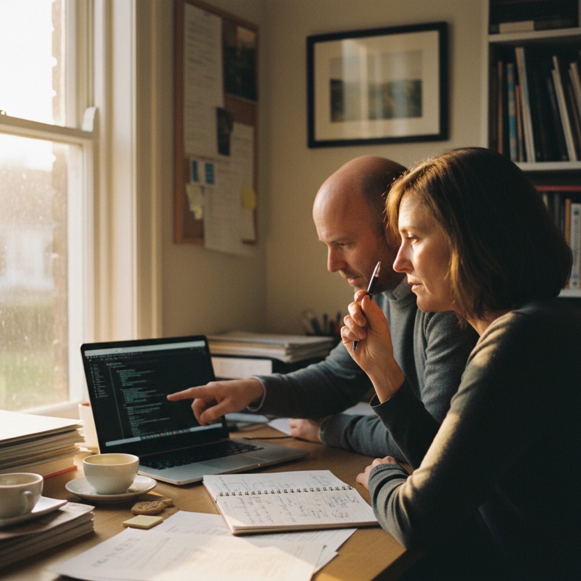 Business owner and a colleague reviewing settings on a laptop in a small office