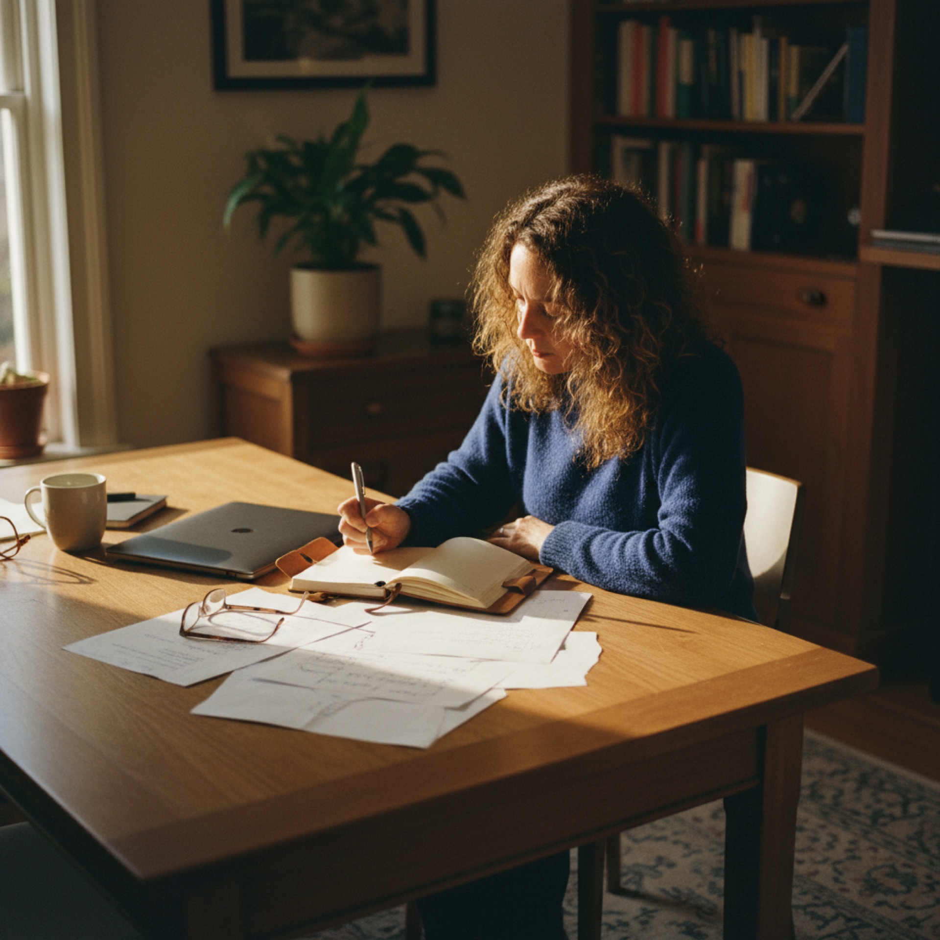 A person at a desk reviewing a laptop screen with handwritten notes alongside