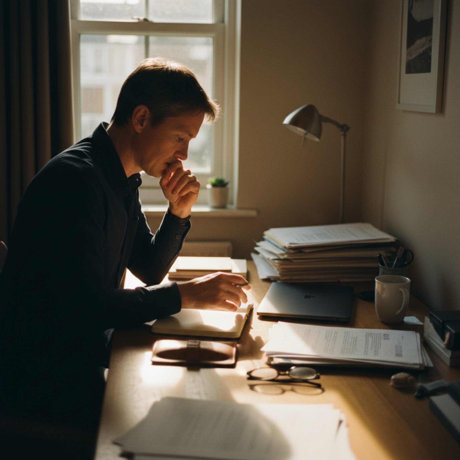Person at a desk with a notebook and laptop, organising papers and notes in morning light