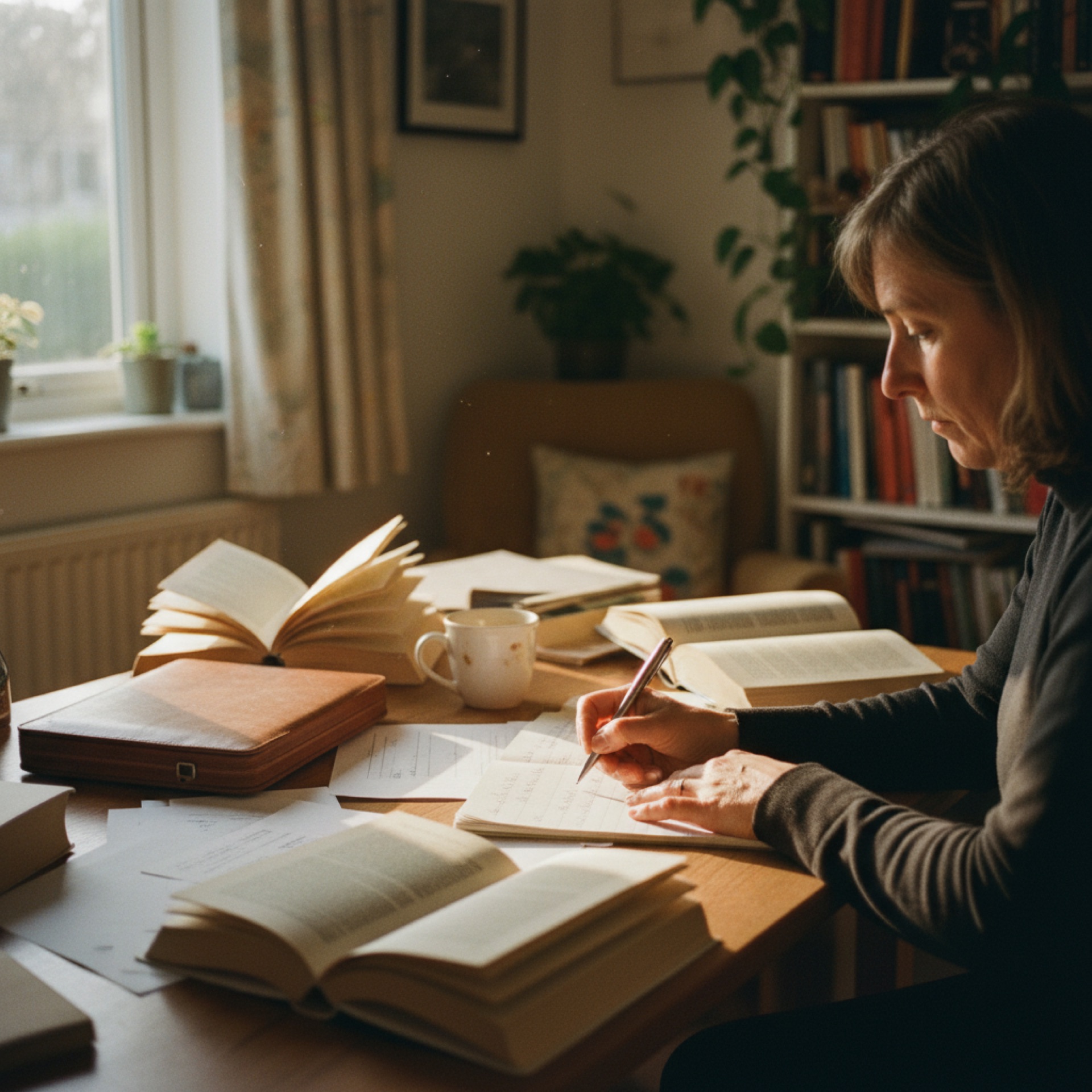 A person at a desk with two laptop screens open, reviewing notes in a home office