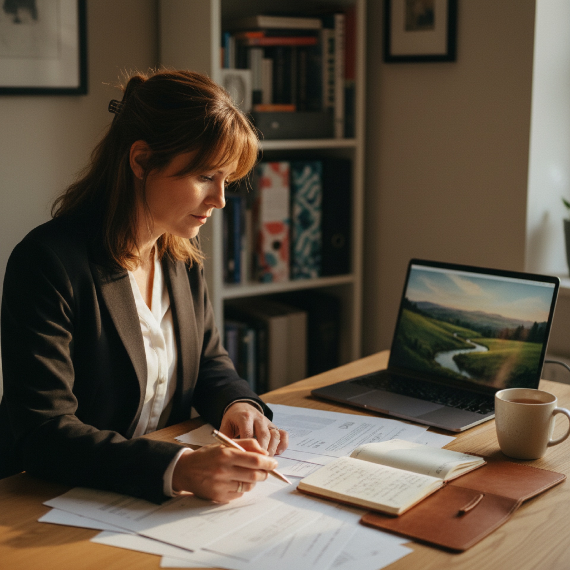 A business owner reviewing documents at a desk with a laptop open beside them