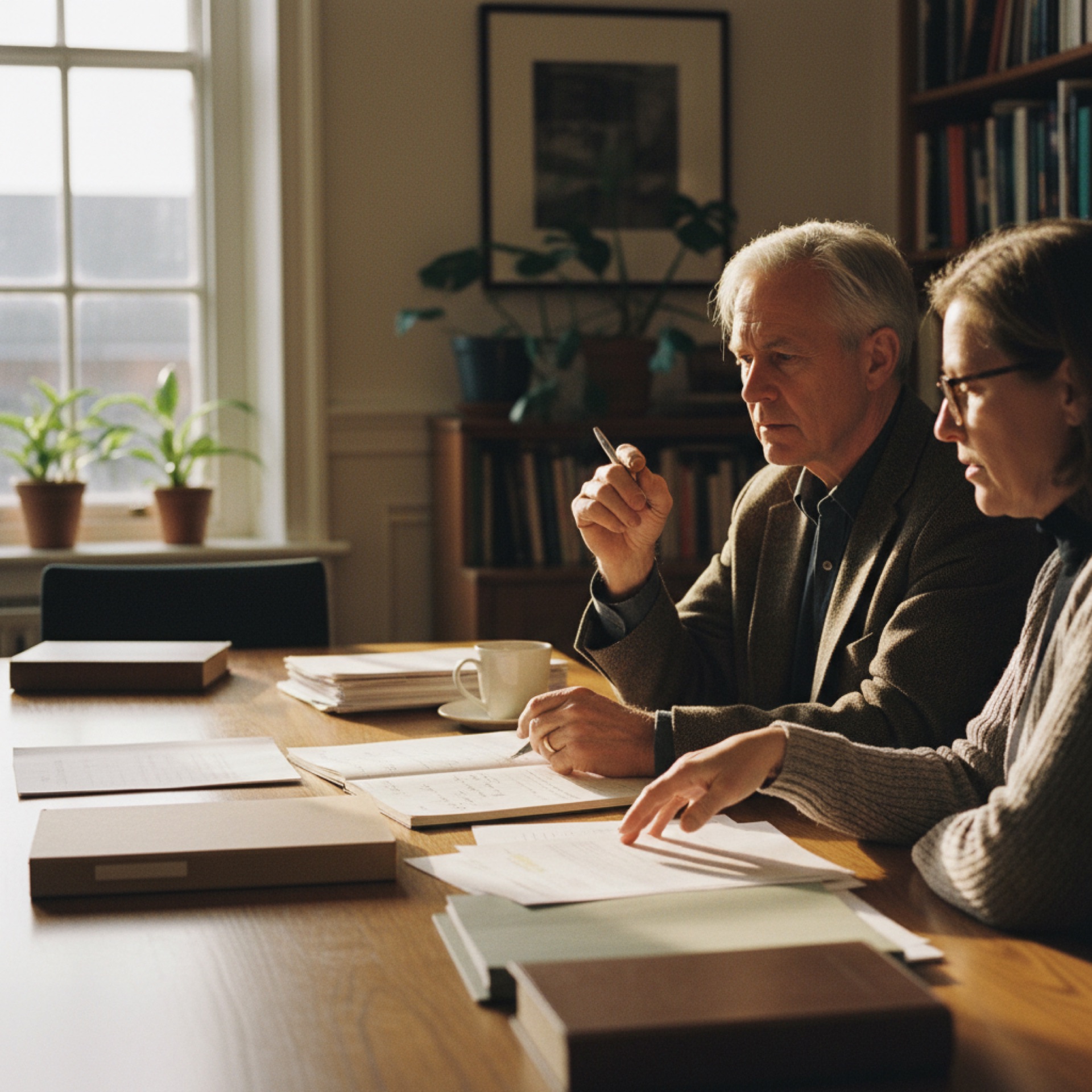 Two people reviewing documents at a conference table in a bright office