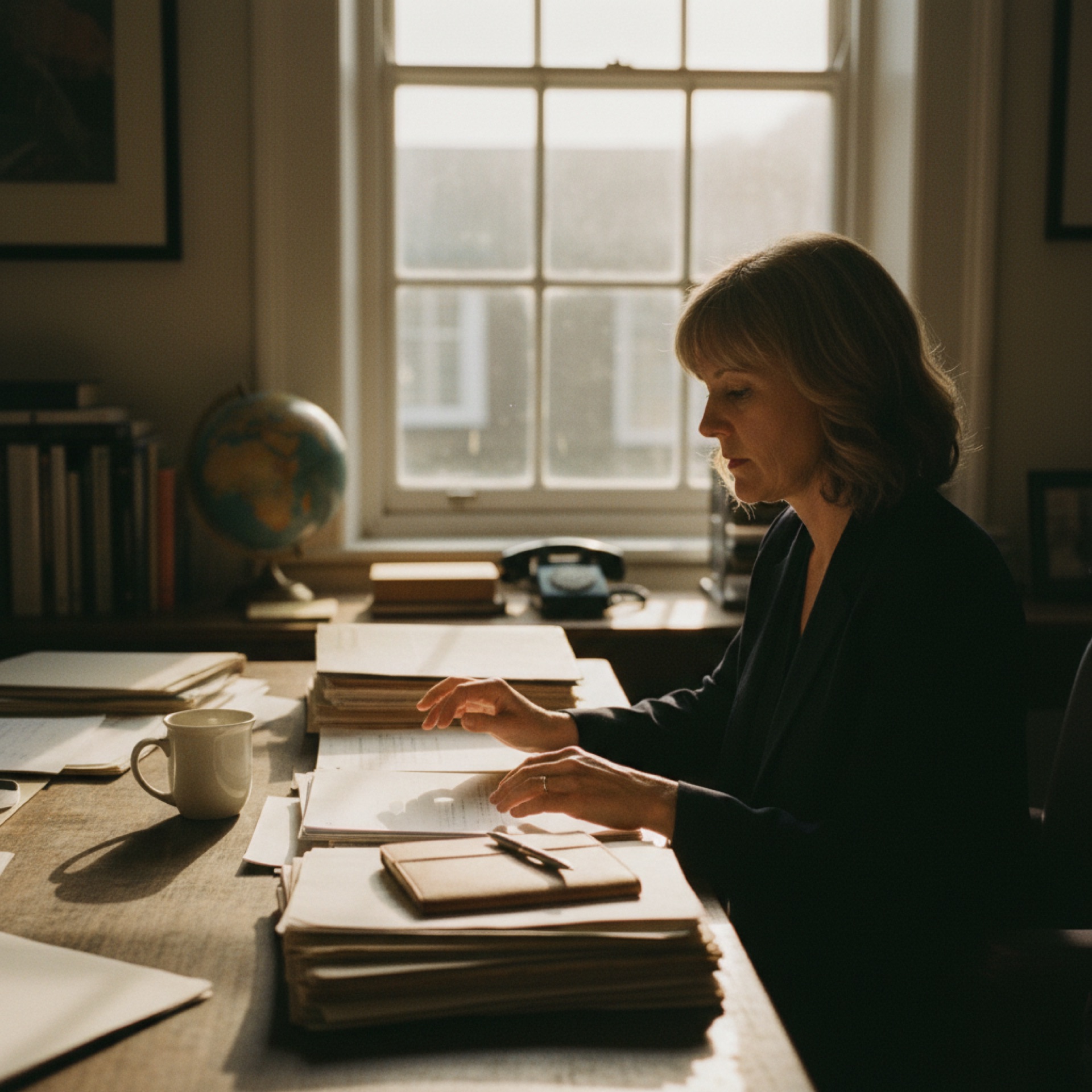 a person sitting at a desk reviewing documents on a laptop with natural light from a window to the side