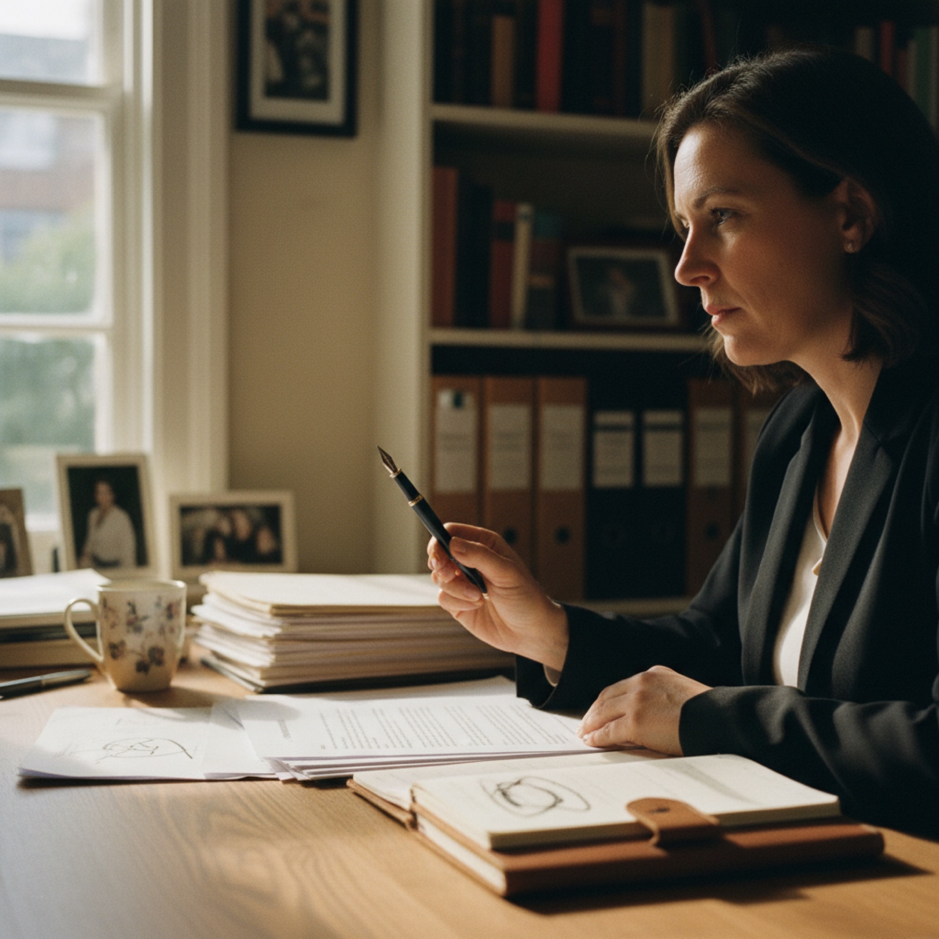 Person at a desk reviewing a printed contract document with a pen in hand