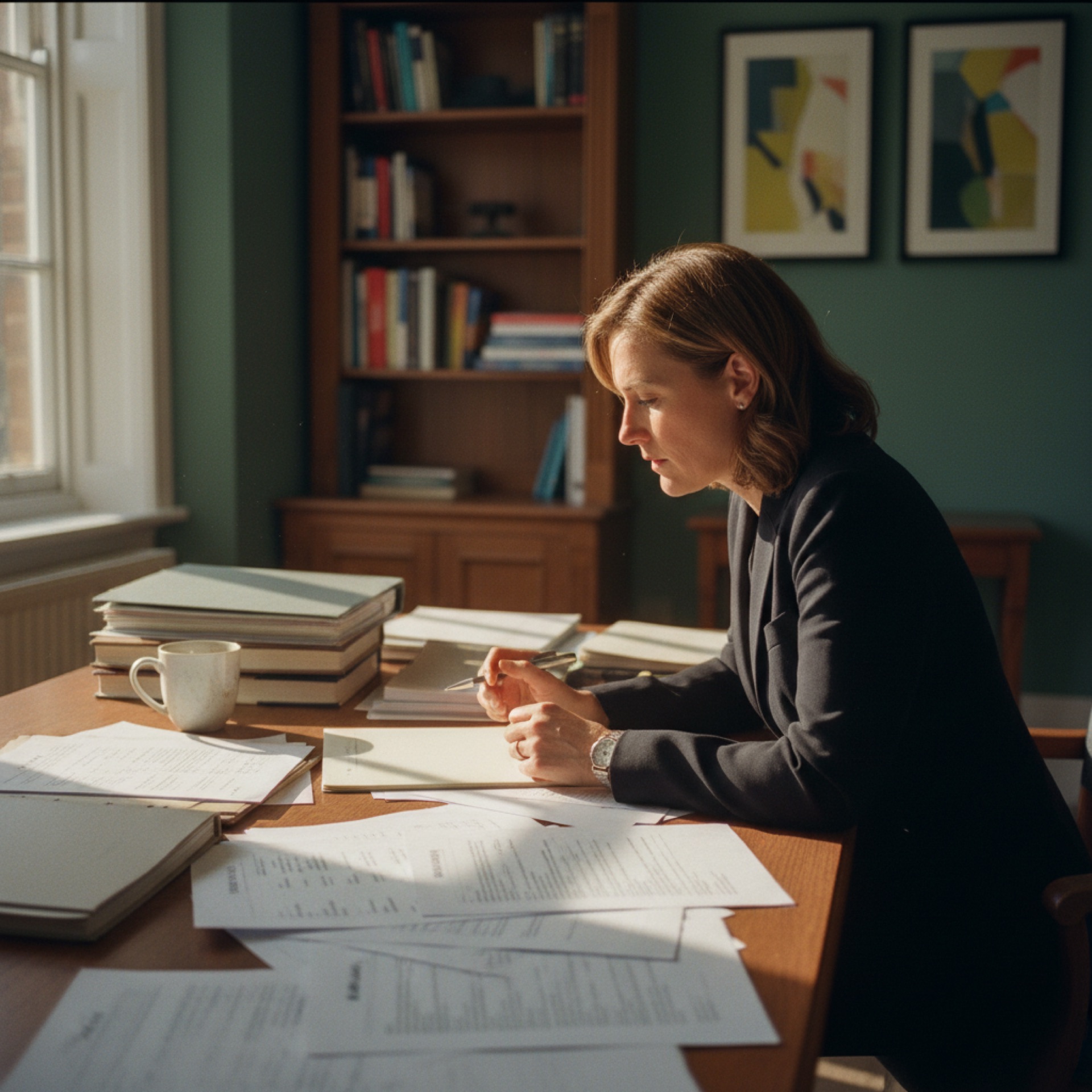 A person reviewing printed documents at a desk in a daylit office