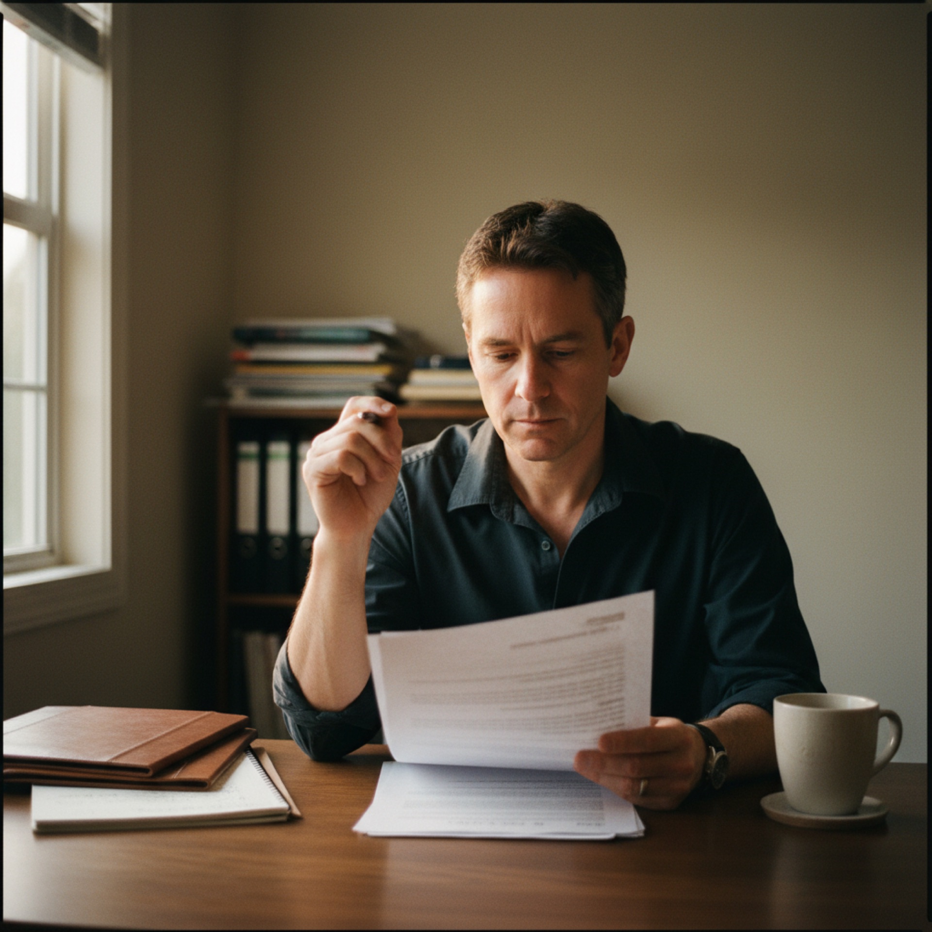 A founder at a desk with a printed contract in one hand and a pen in the other, a laptop open beside them