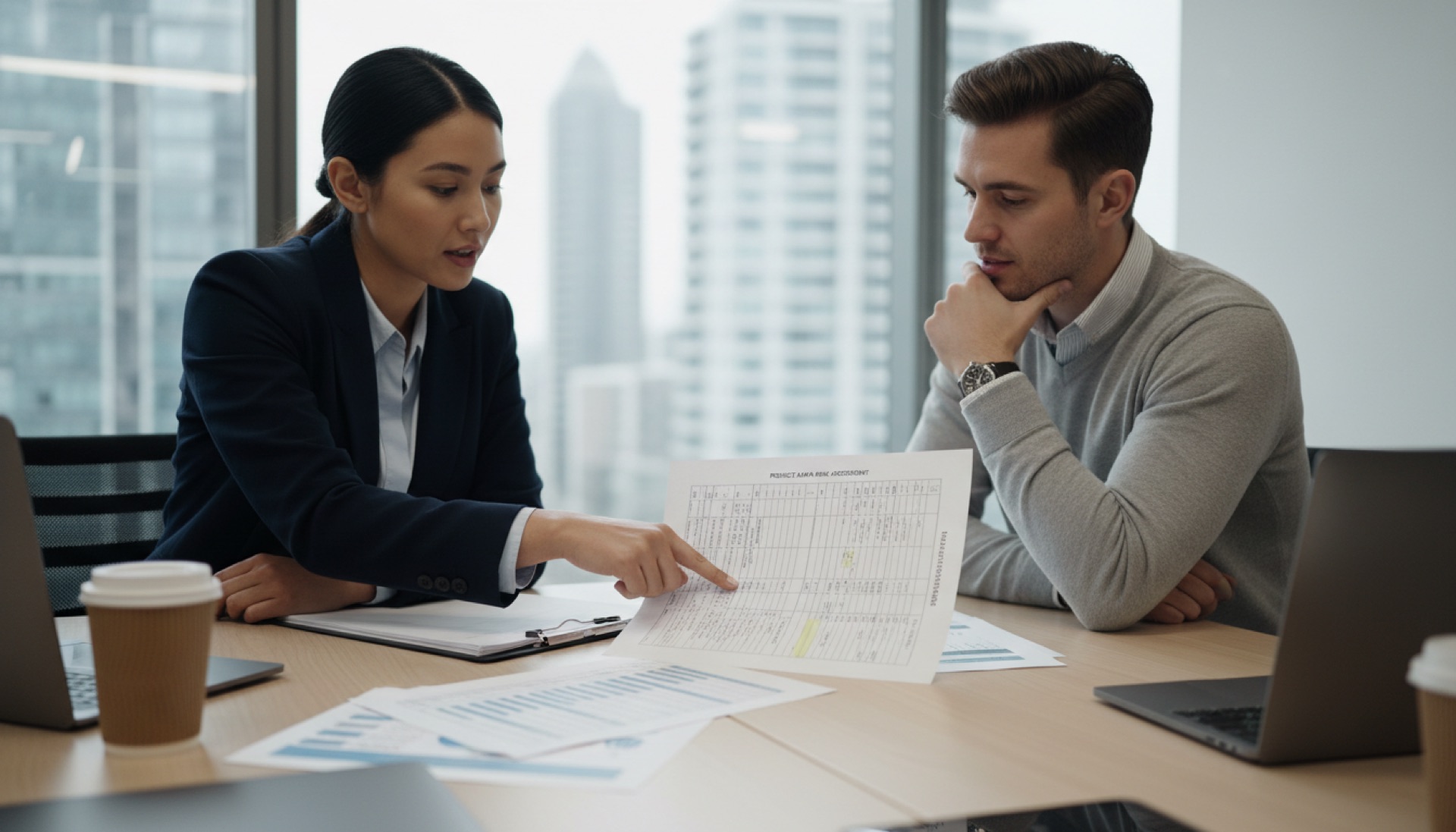 Two professionals reviewing a printed compliance checklist at an office desk