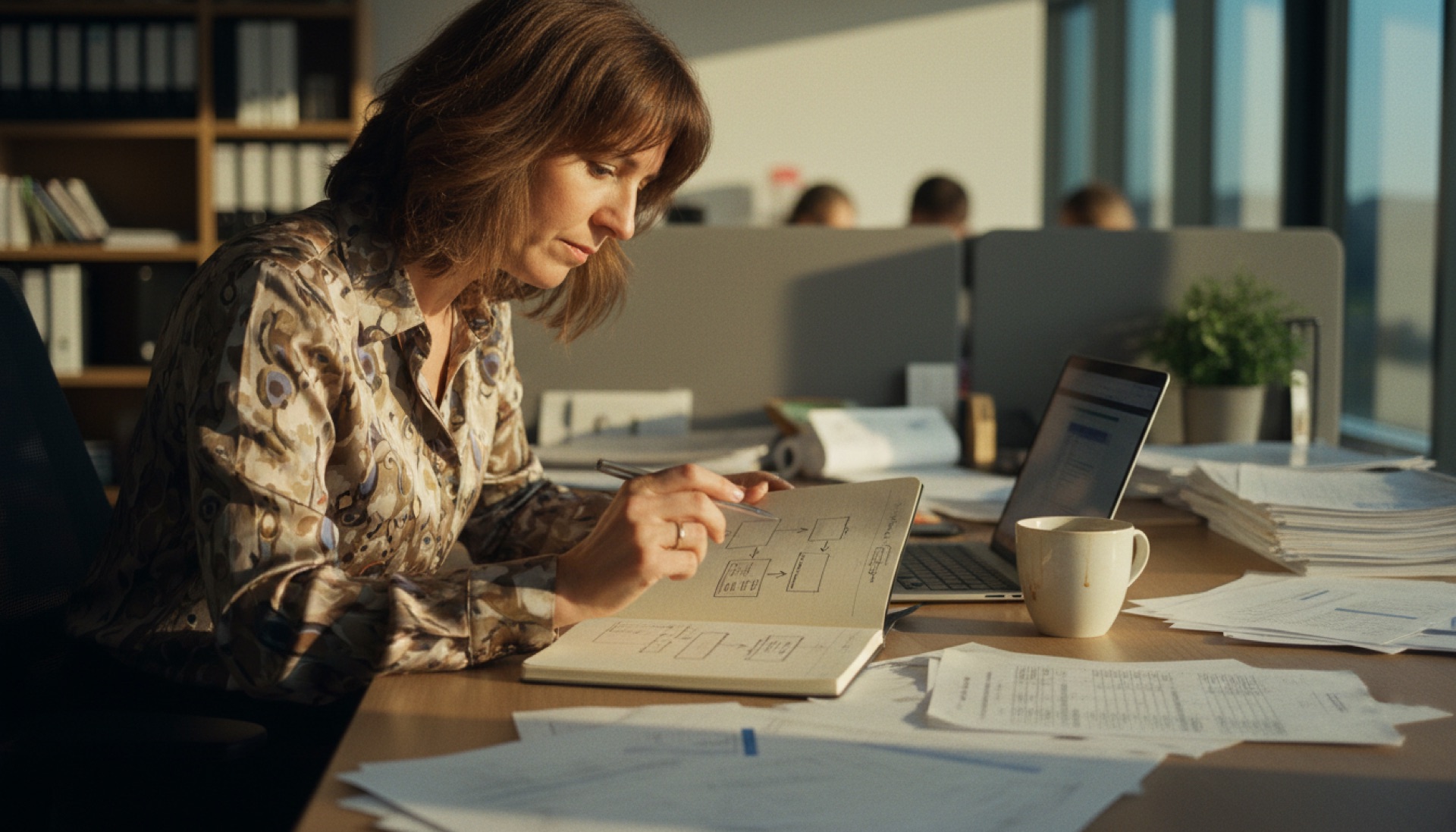A person reviewing financial reports and documents at a desk in an office
