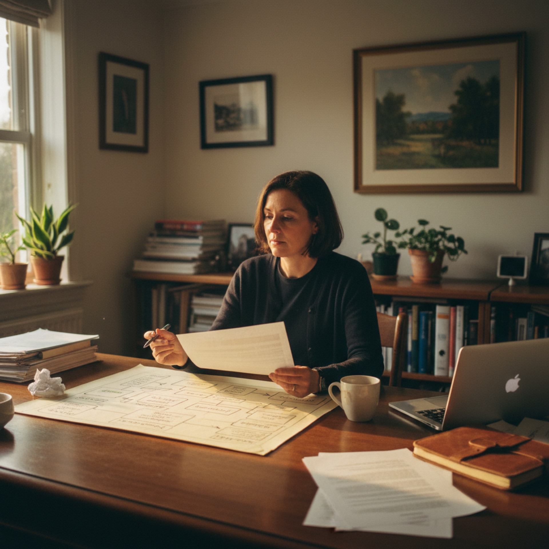 A business owner reviewing documents at a desk in a natural-light office
