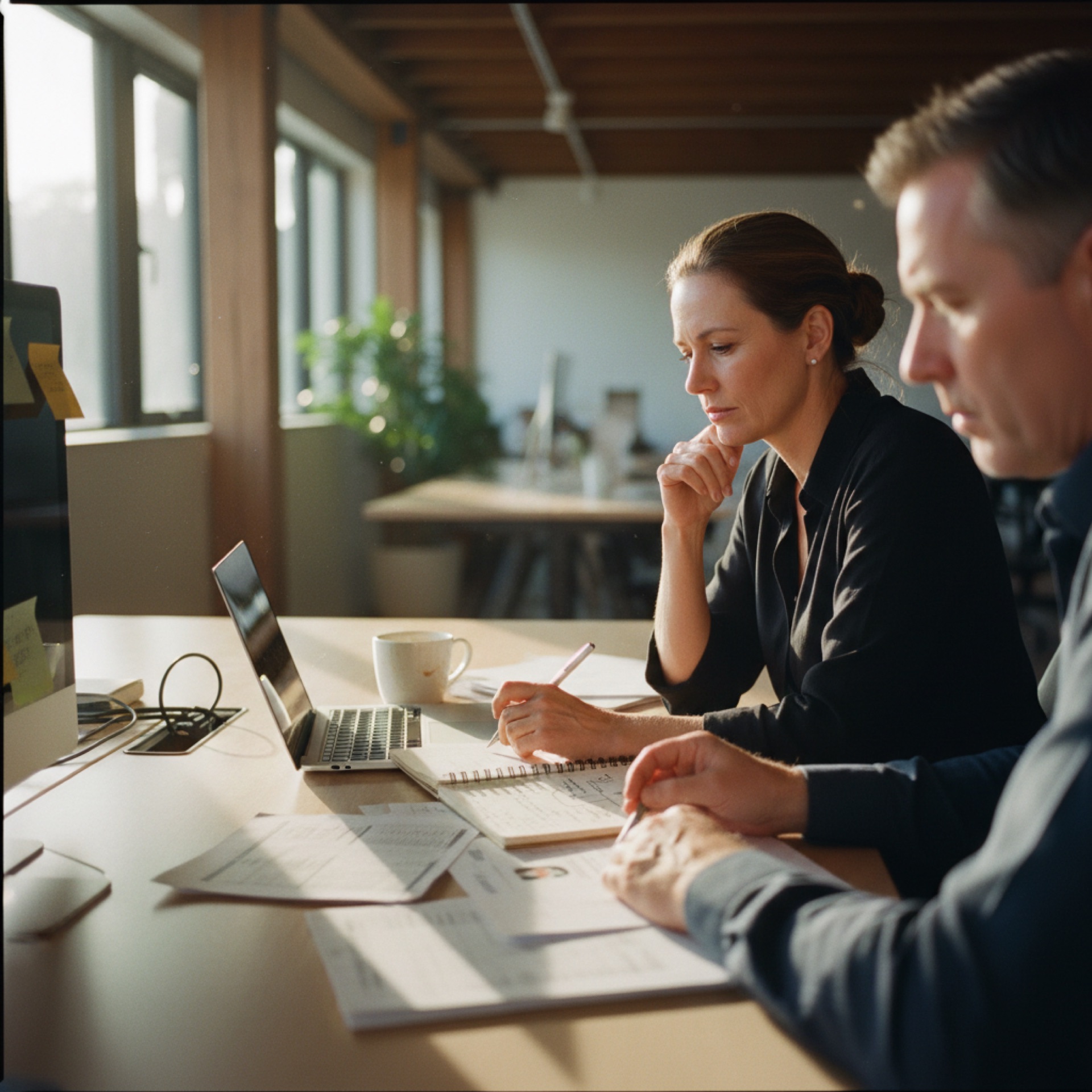 A recruitment consultant reviewing candidate profiles on a laptop at a desk, with a colleague visible across the table