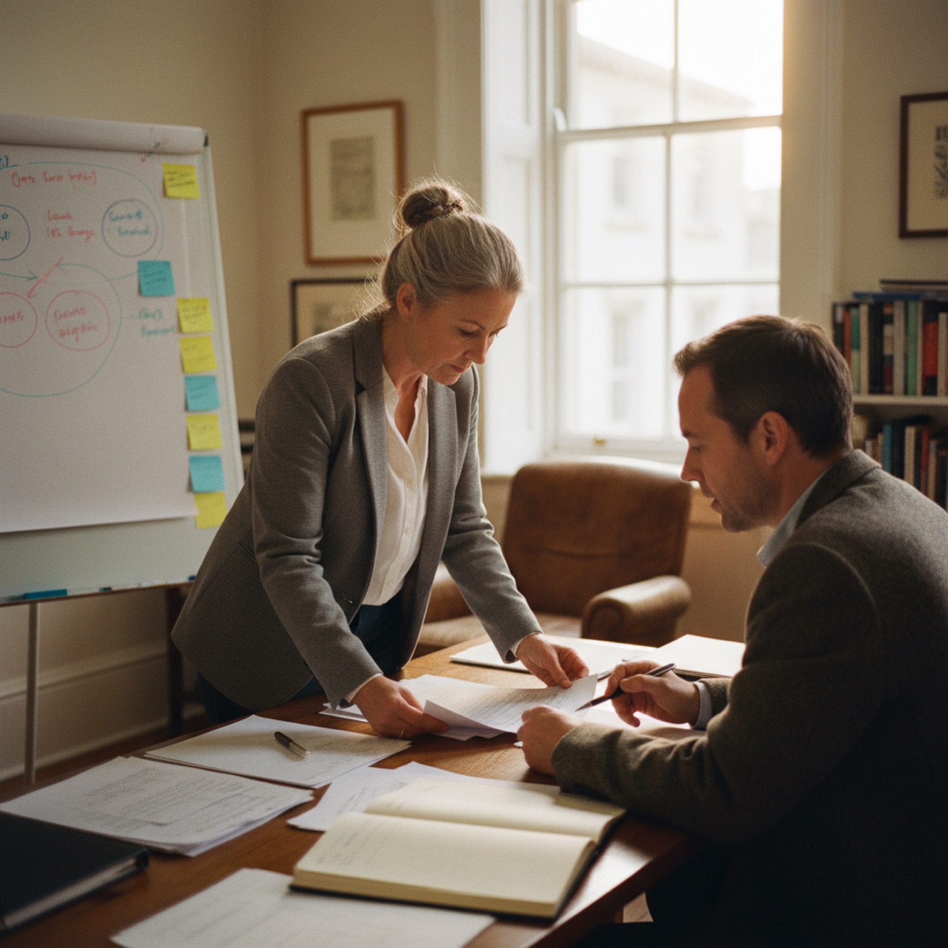 Two people reviewing documents across a meeting room table
