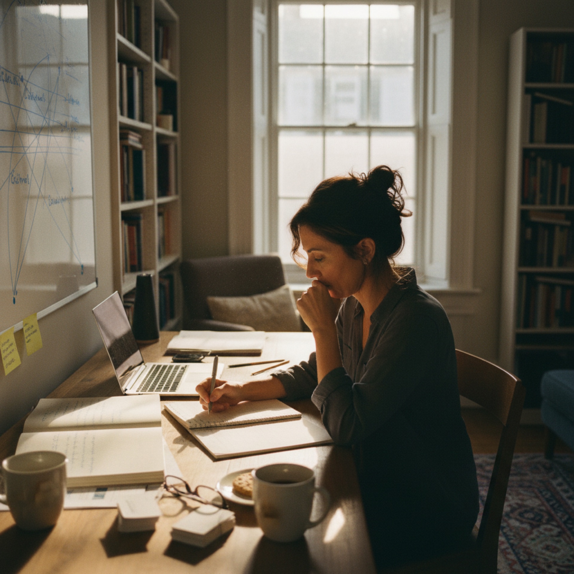 A business owner reviewing handwritten notes and a laptop screen at a wooden desk