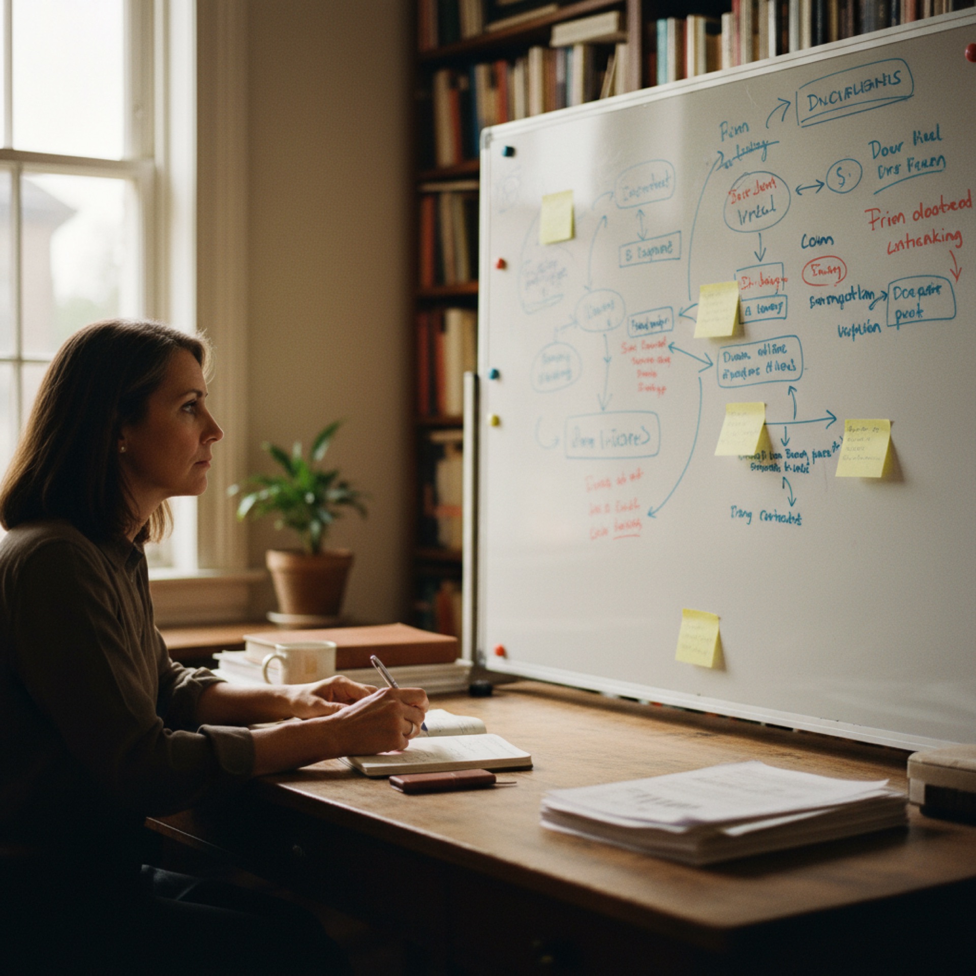 Person at a desk reviewing a structured document with handwritten notes in a well-lit office