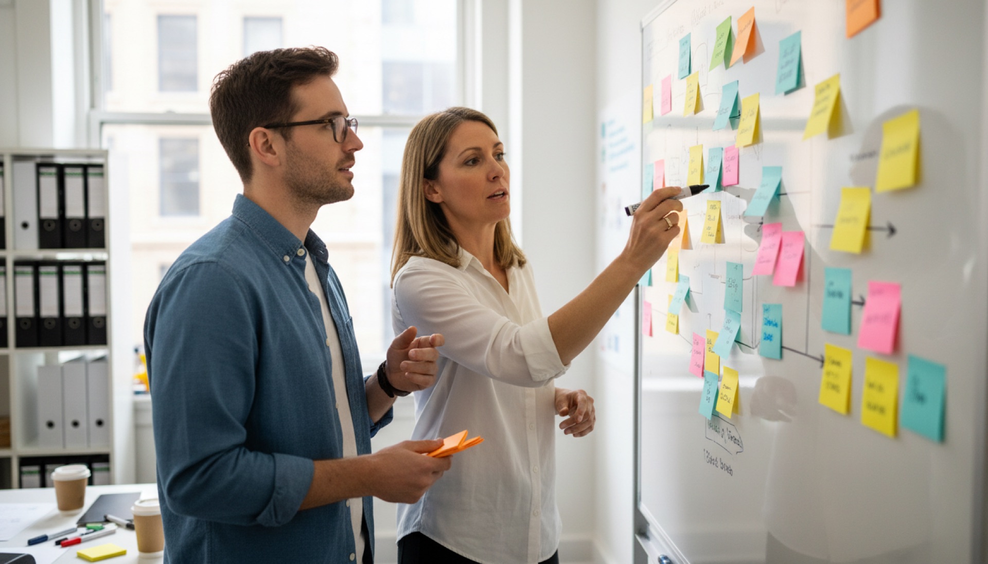 two people at a whiteboard covered in coloured sticky notes, writing and discussing process steps