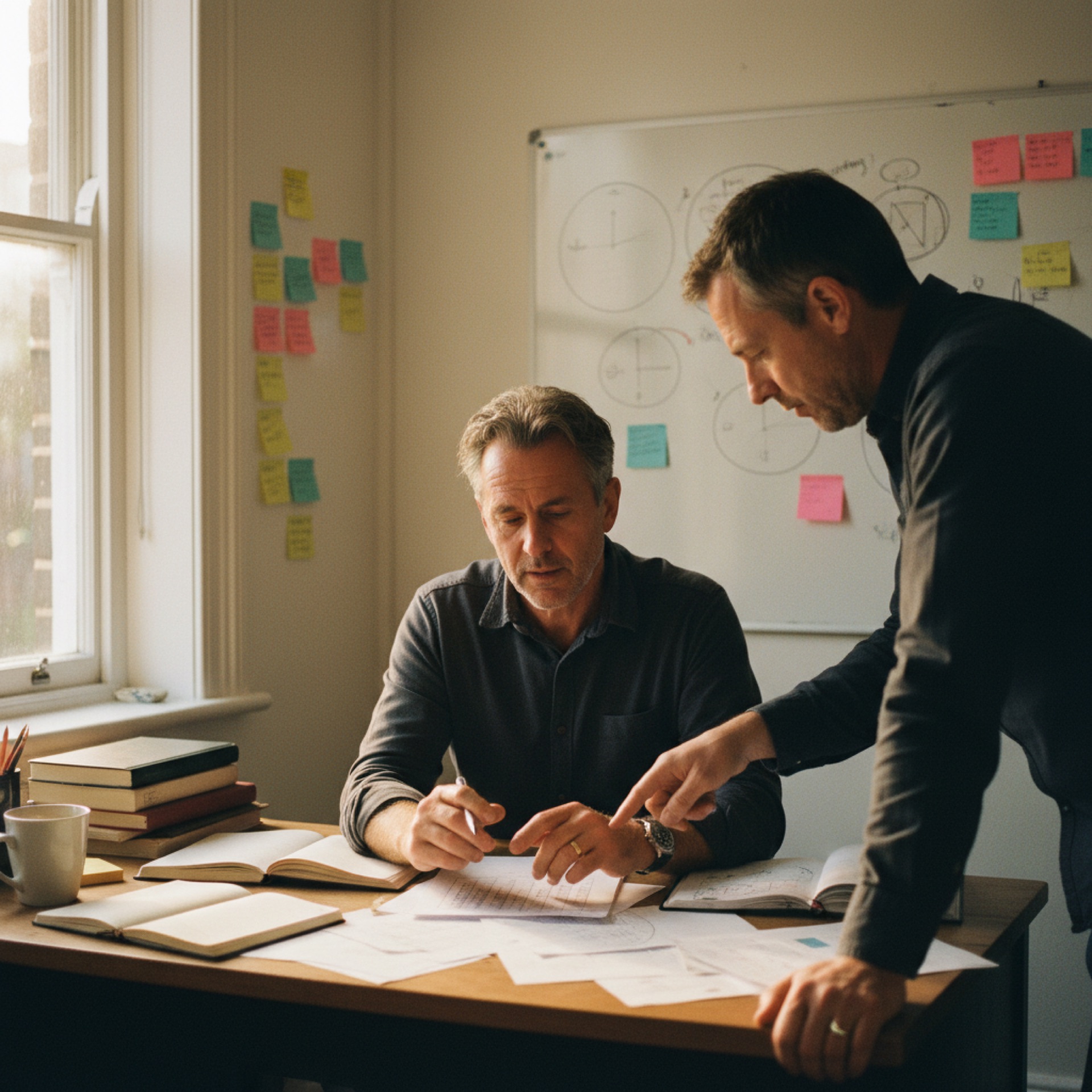Two people at a desk reviewing a printed checklist together