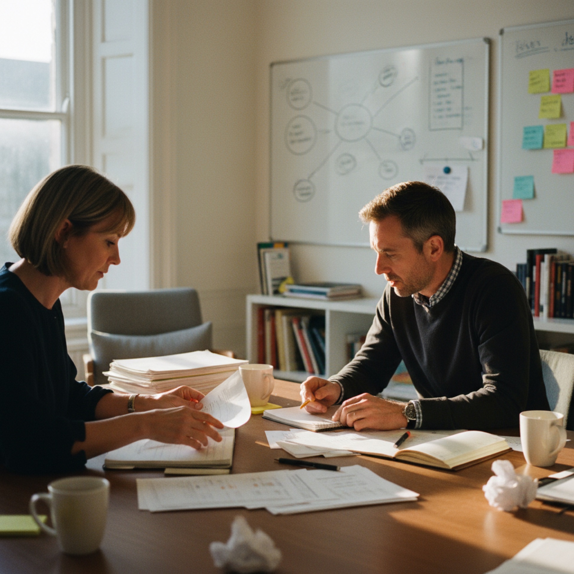 Two people seated at a desk reviewing documents together in a light office