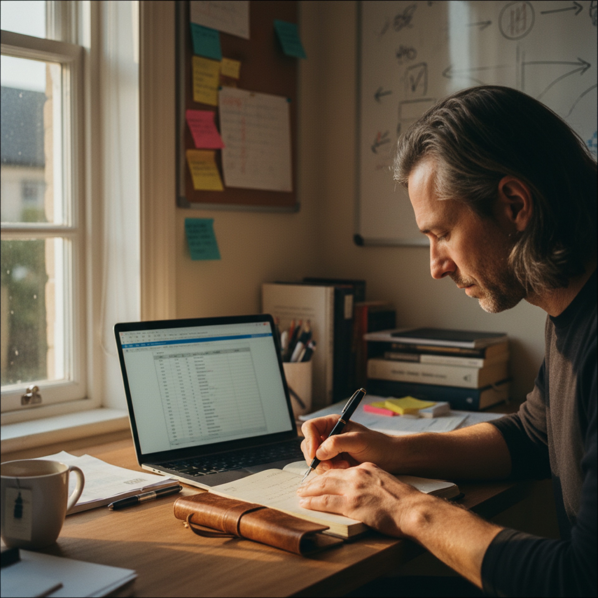 Person at a desk writing notes with a laptop open beside them
