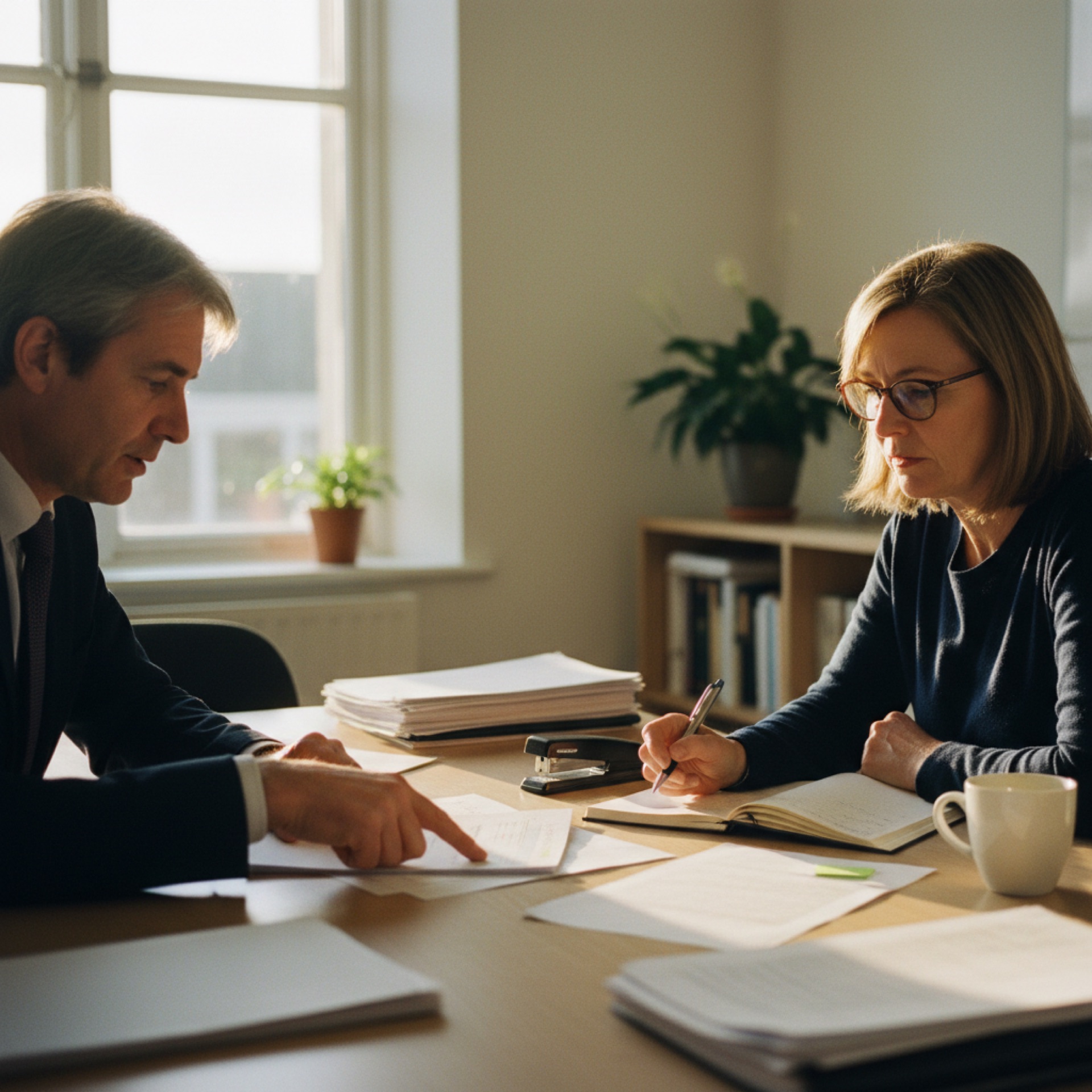 Two people sitting at a meeting table reviewing a printed financial report together