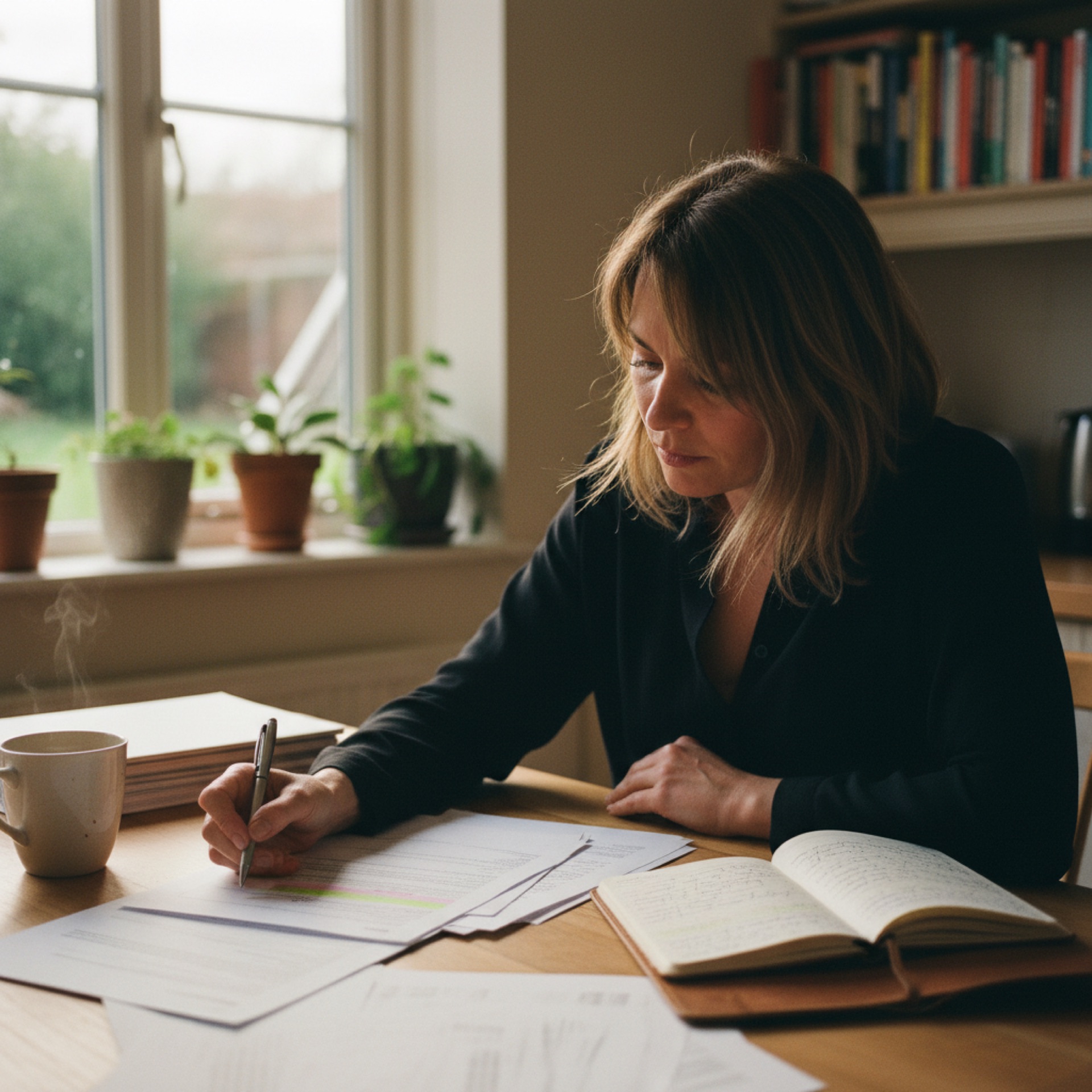 Business owner reviewing documents at a kitchen table with a laptop open