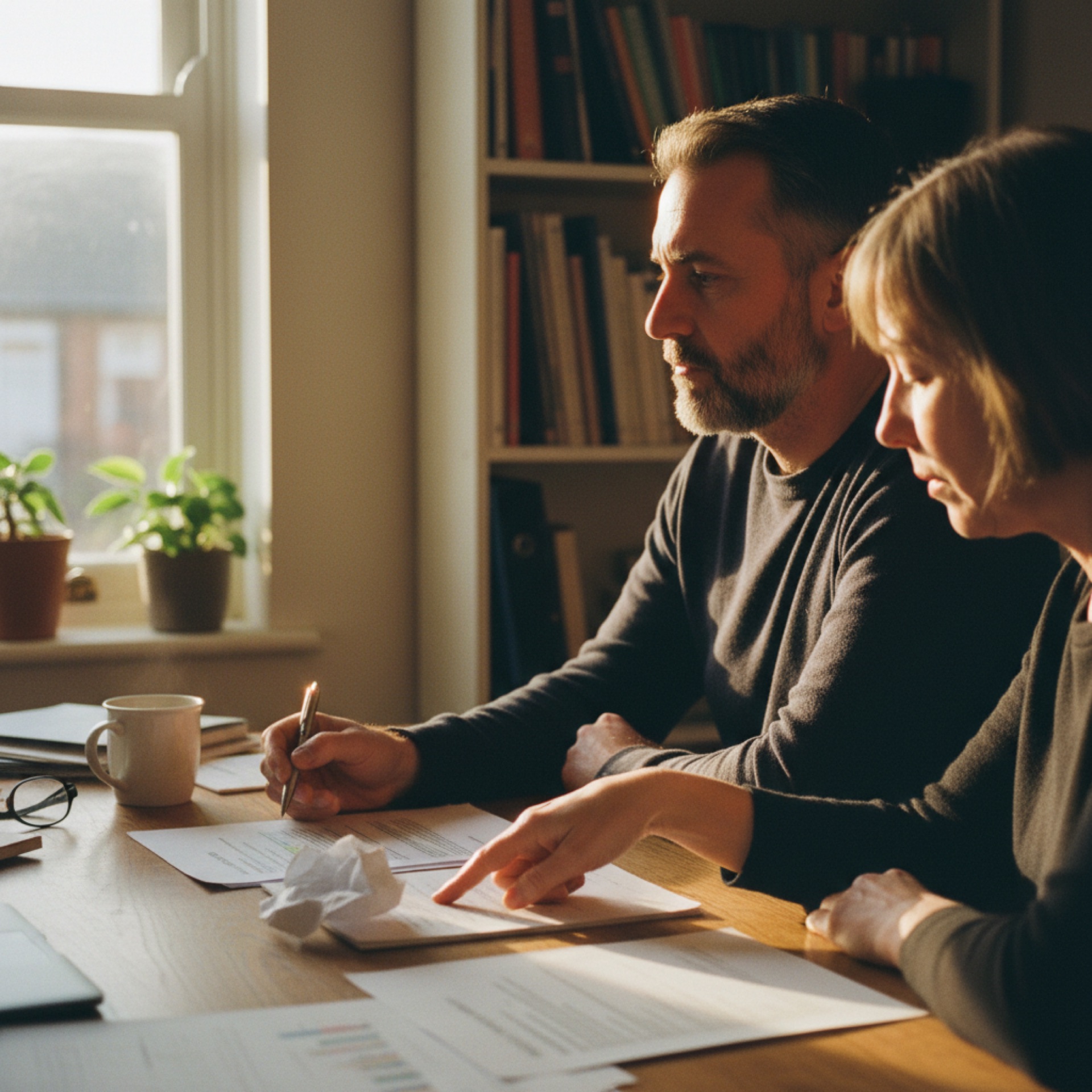 Two people at a desk reviewing a laptop screen together in a small office with natural light