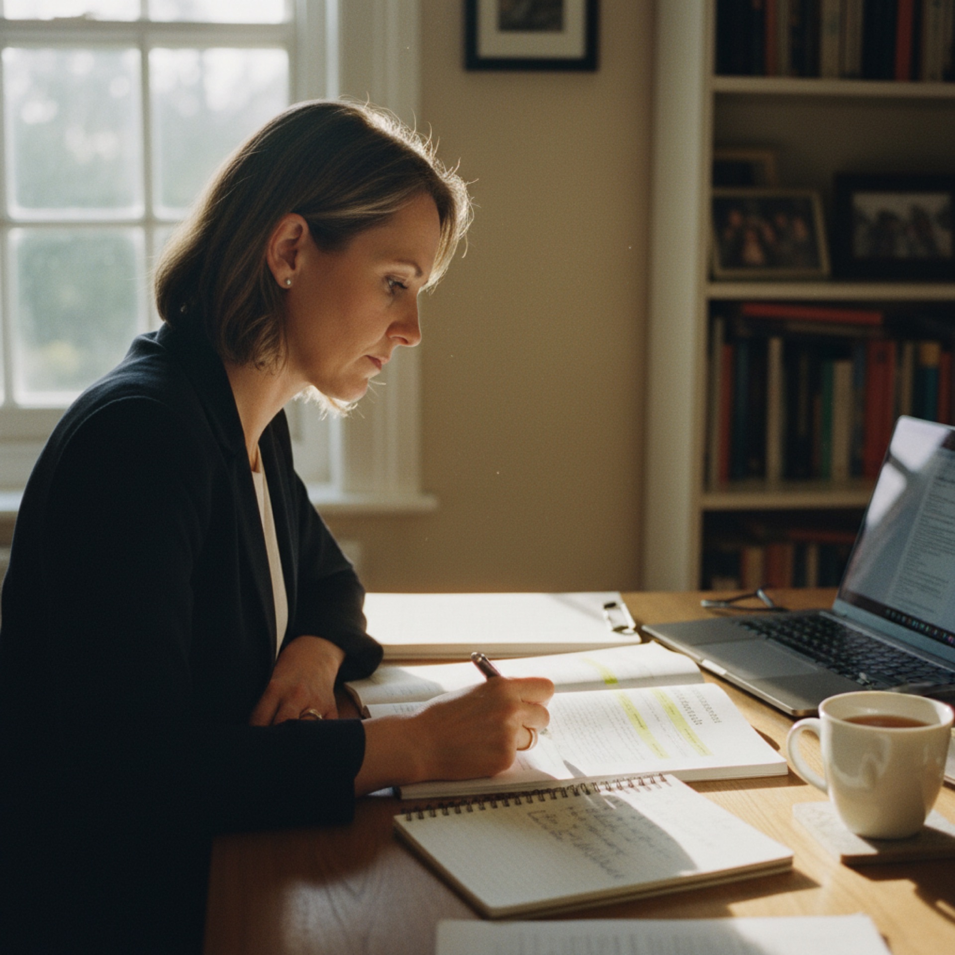 A business owner at a desk reviewing vendor documents alongside an open laptop