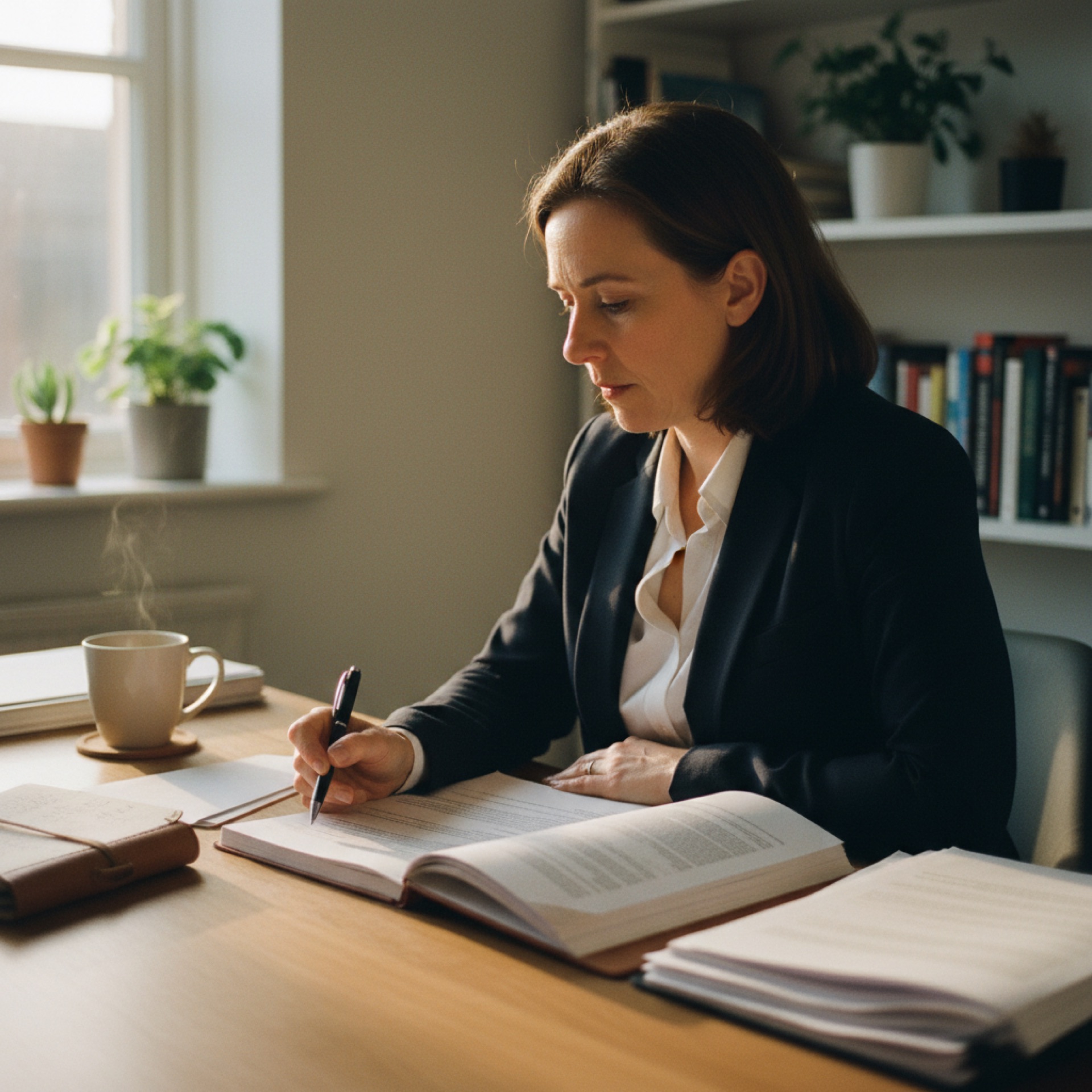 Business owner reviewing project cost documents at a desk with a laptop showing a spreadsheet