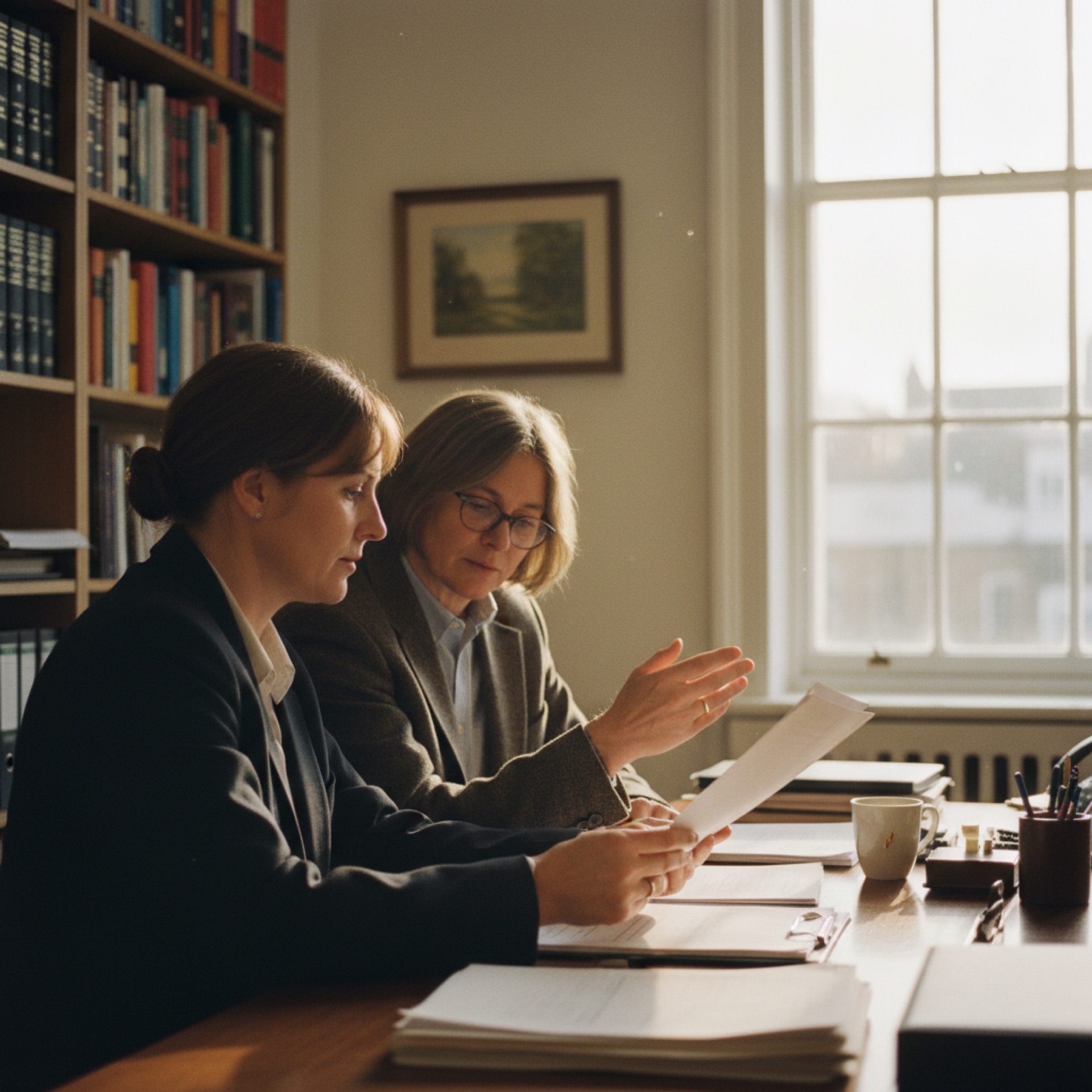 Two people seated across a desk in conversation, one reviewing a document in a bright modern office