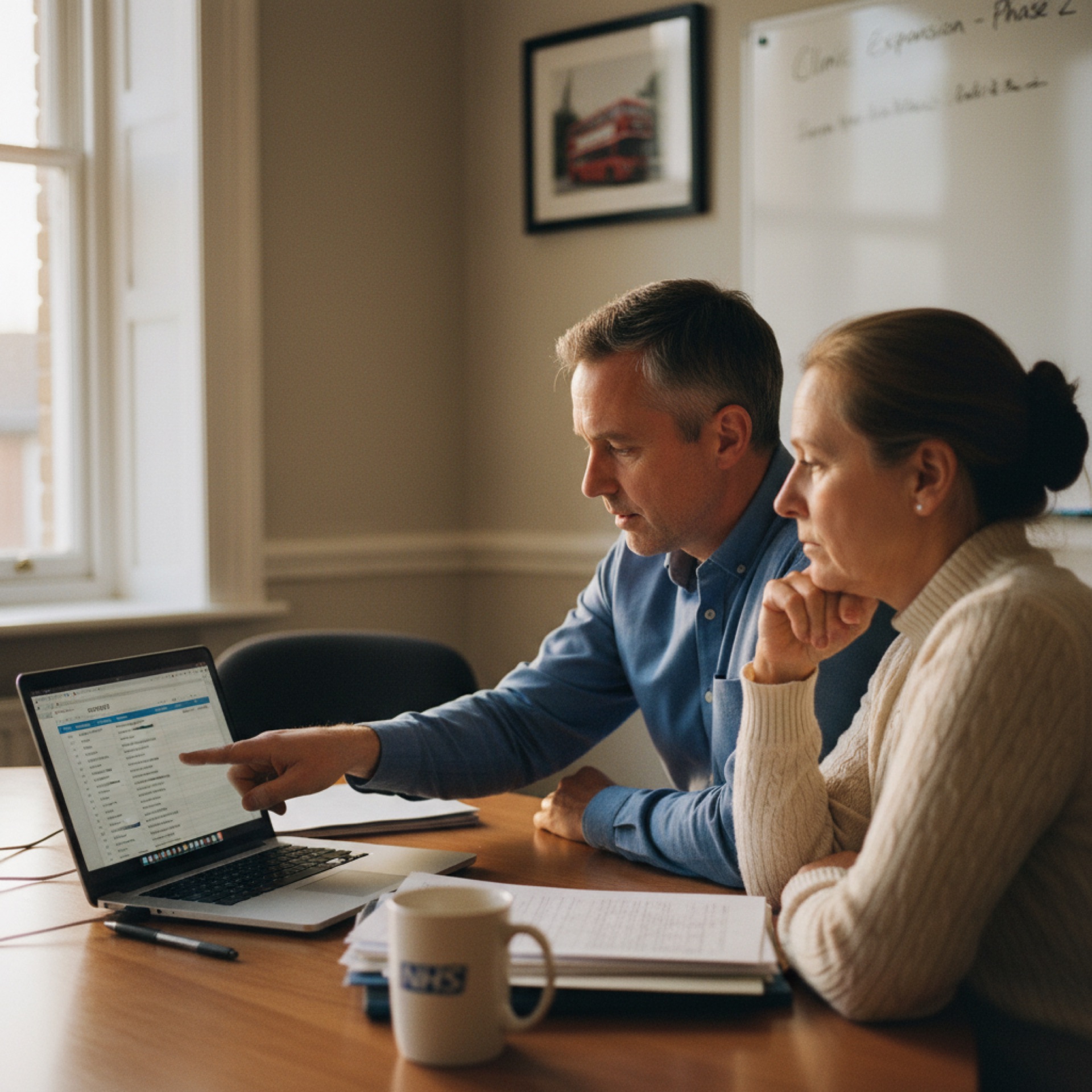 Two people reviewing a shortlist on a laptop at a meeting room table