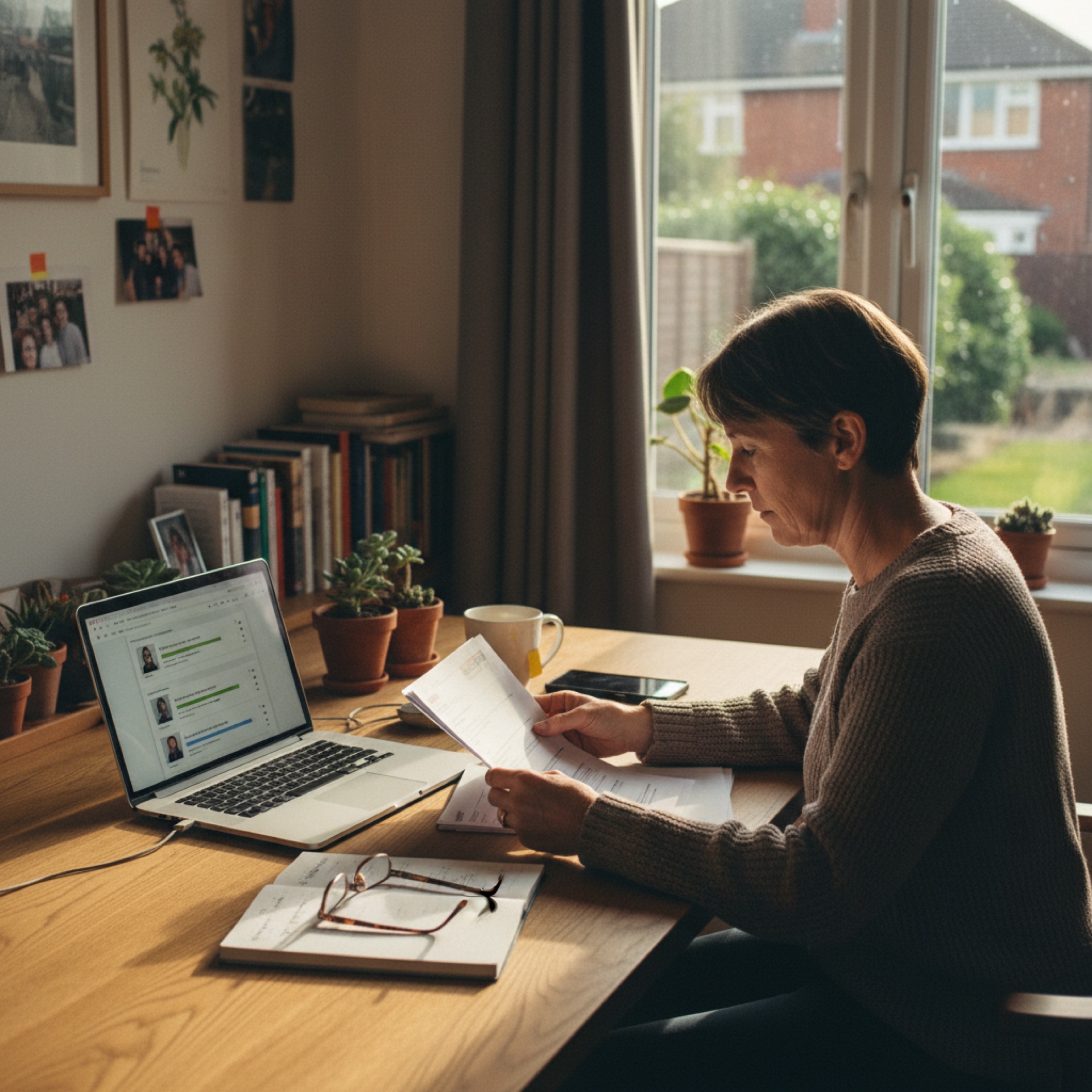 A person at a desk reviewing printed CVs with a laptop open showing a recruitment tool