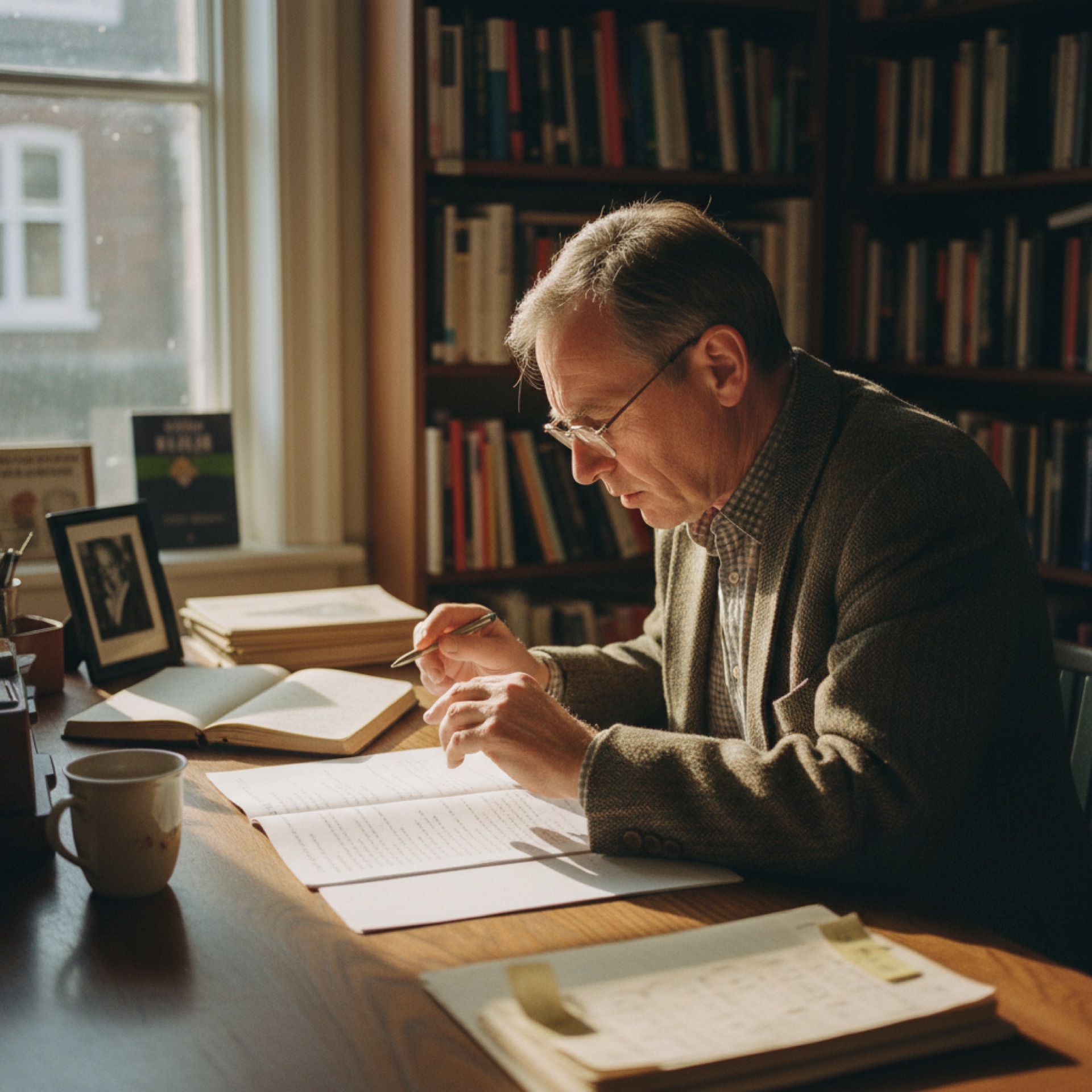 Person reviewing a printed plan at a desk with a notebook open alongside