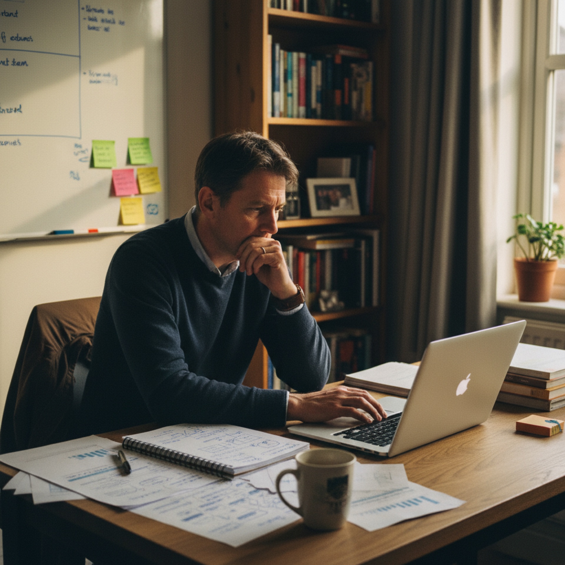 Person sitting at a desk reviewing a spreadsheet on a laptop with handwritten notes beside them