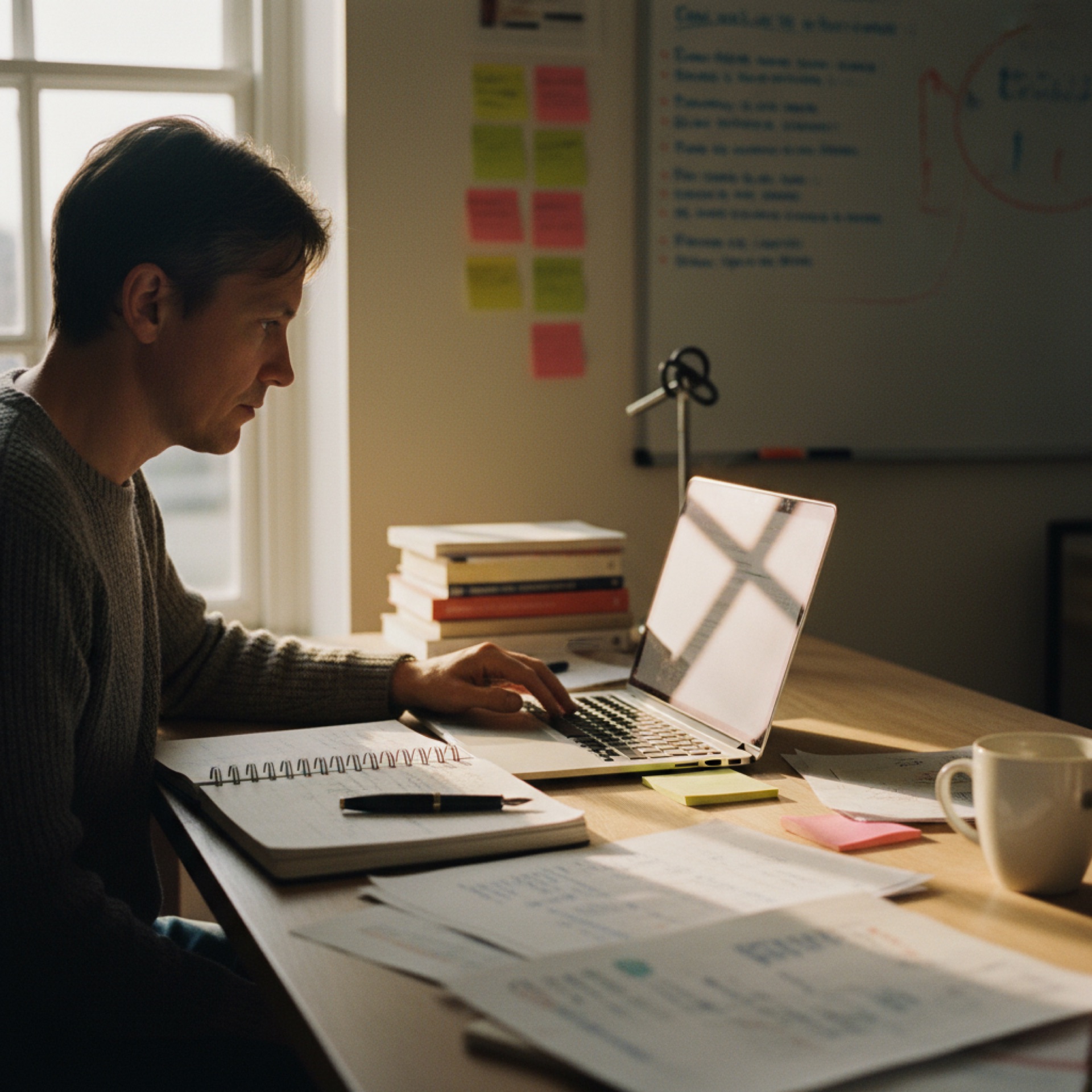 Person at an office desk scrolling through a laptop with a notebook open beside them