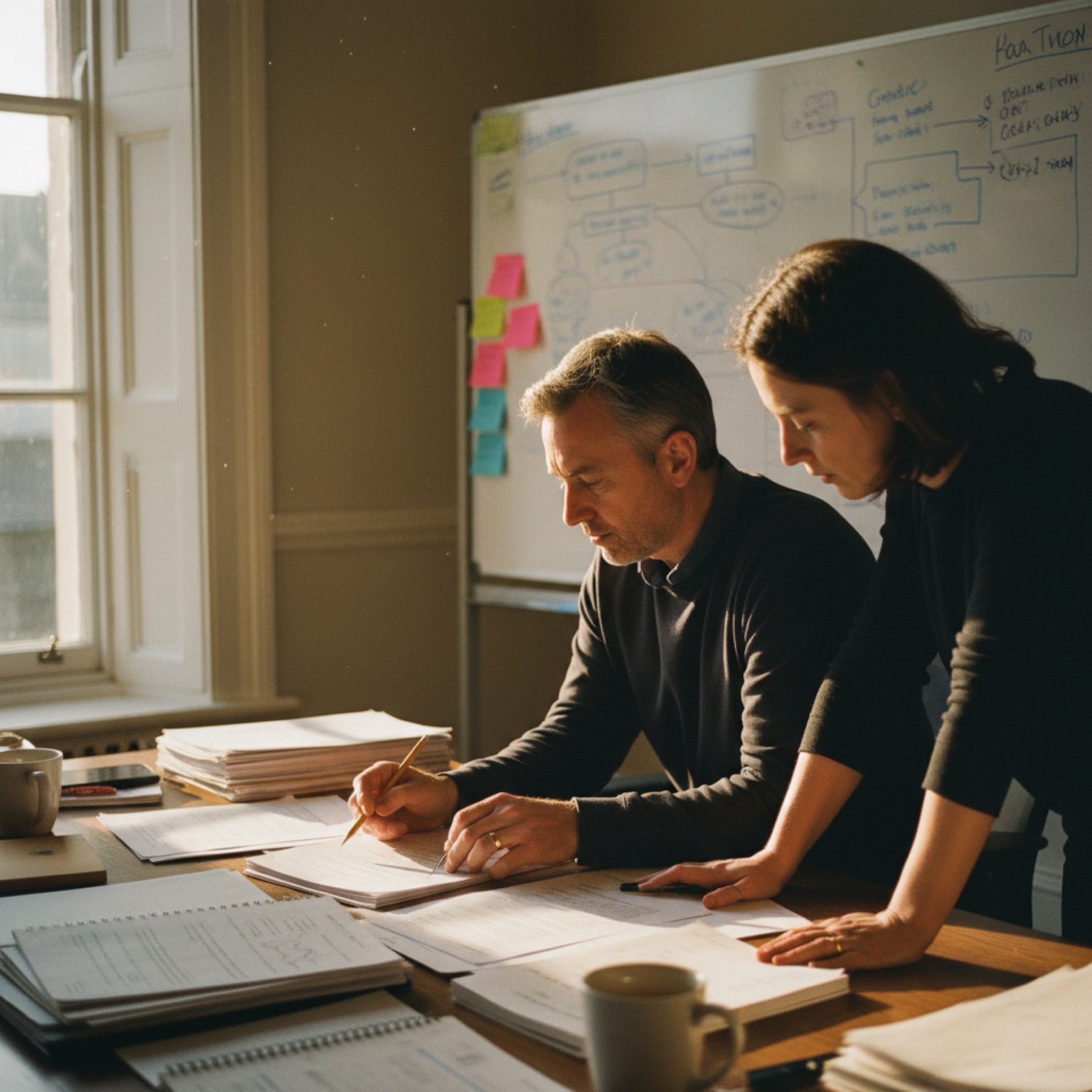 Two people at a desk reviewing printed documents spread between them