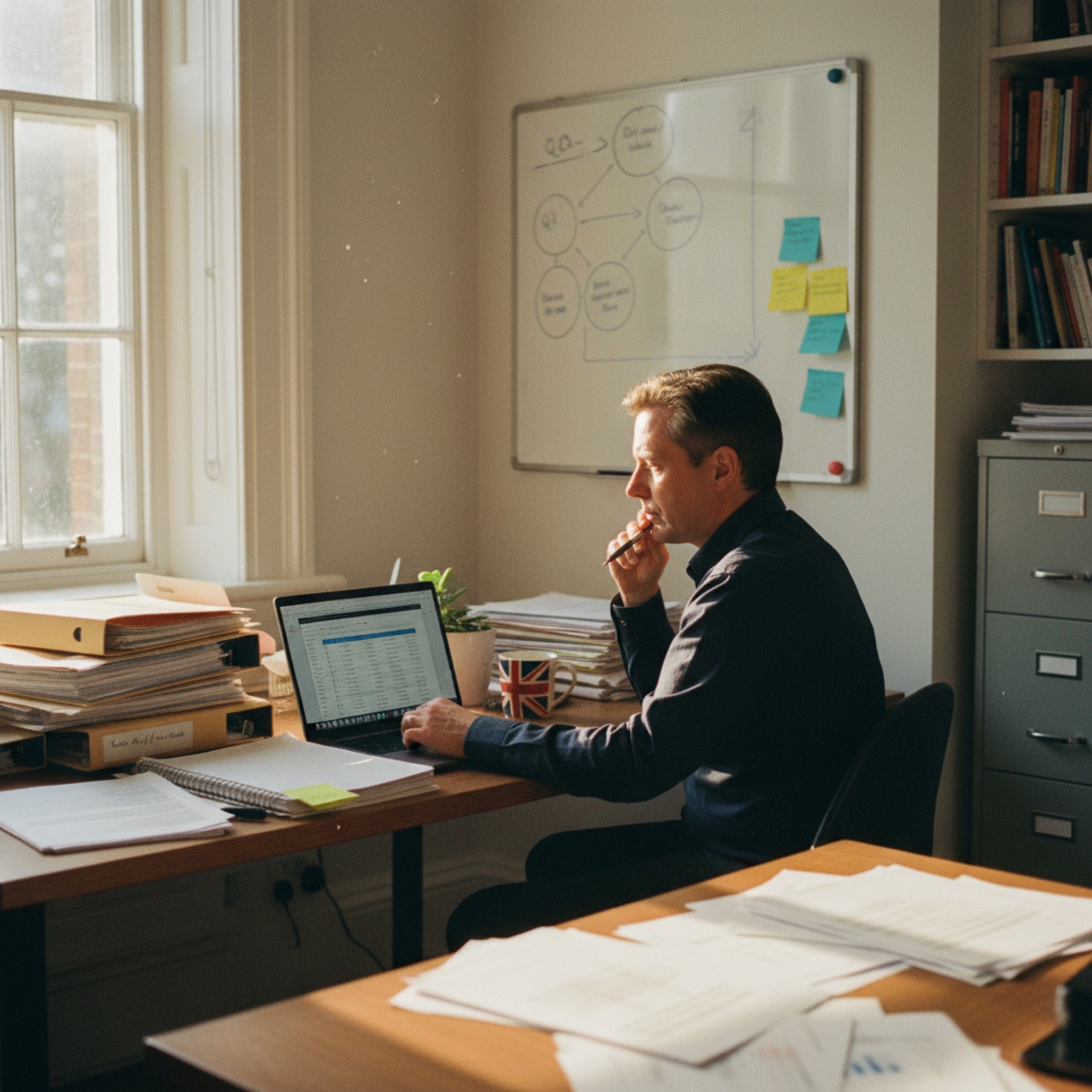 A person at a desk reviewing files on a laptop with physical folders arranged nearby