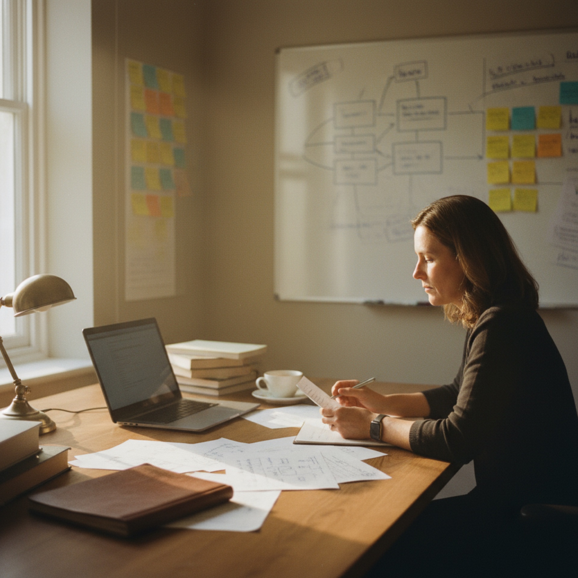 Person at a desk reviewing handwritten notes beside an open laptop