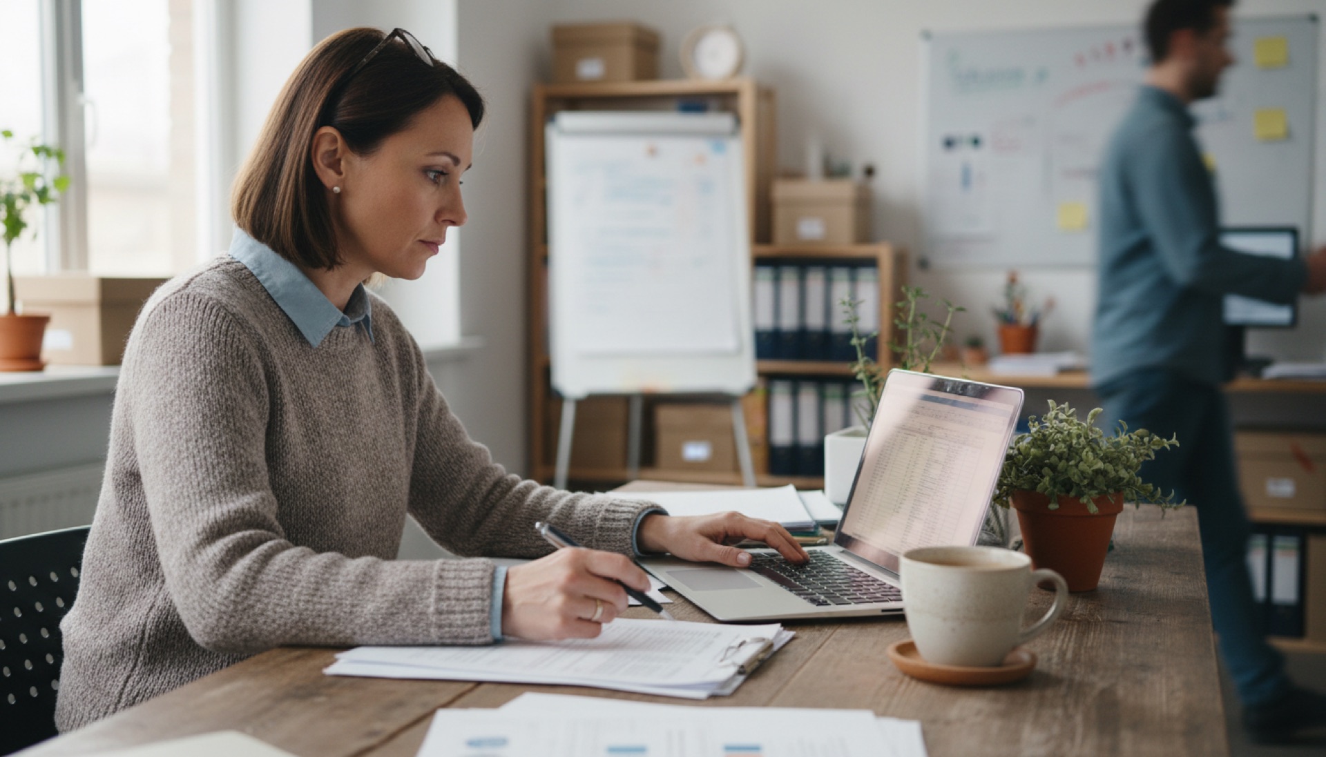 Business owner reviewing documents at a desk with a laptop open and natural light from a window