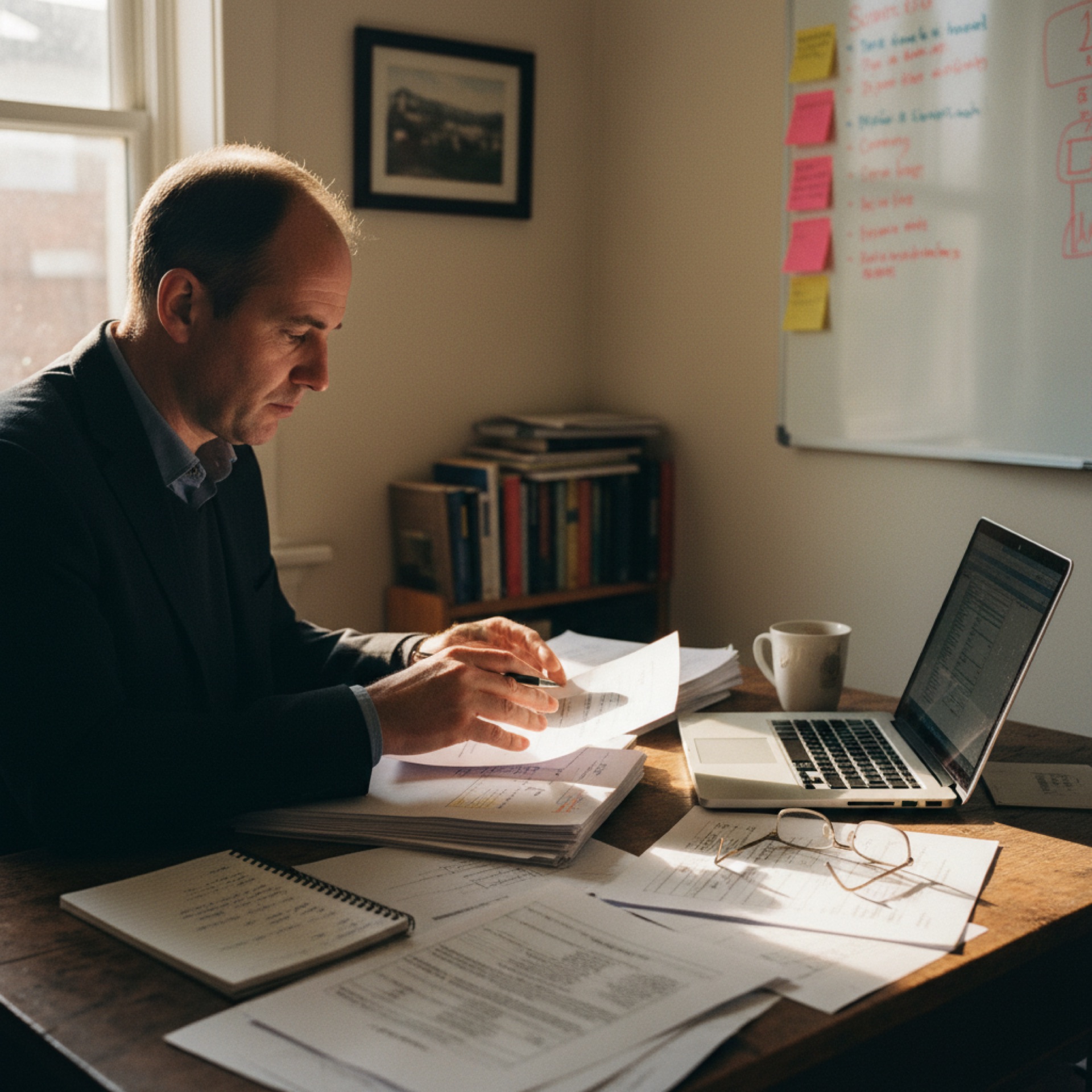 person reviewing printed documents at a desk with a laptop open beside them