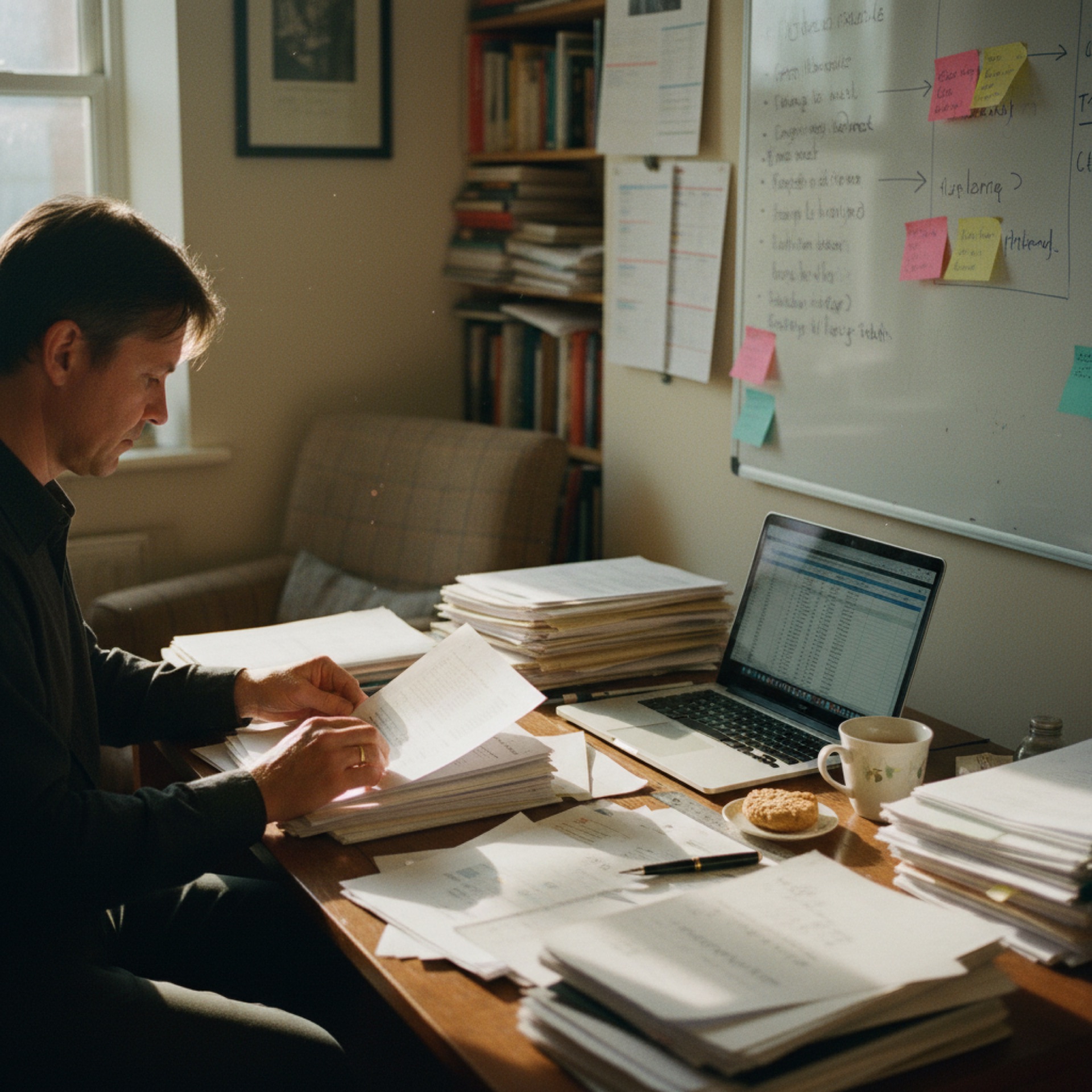 Person at a desk reviewing paper documents alongside a laptop in a small office