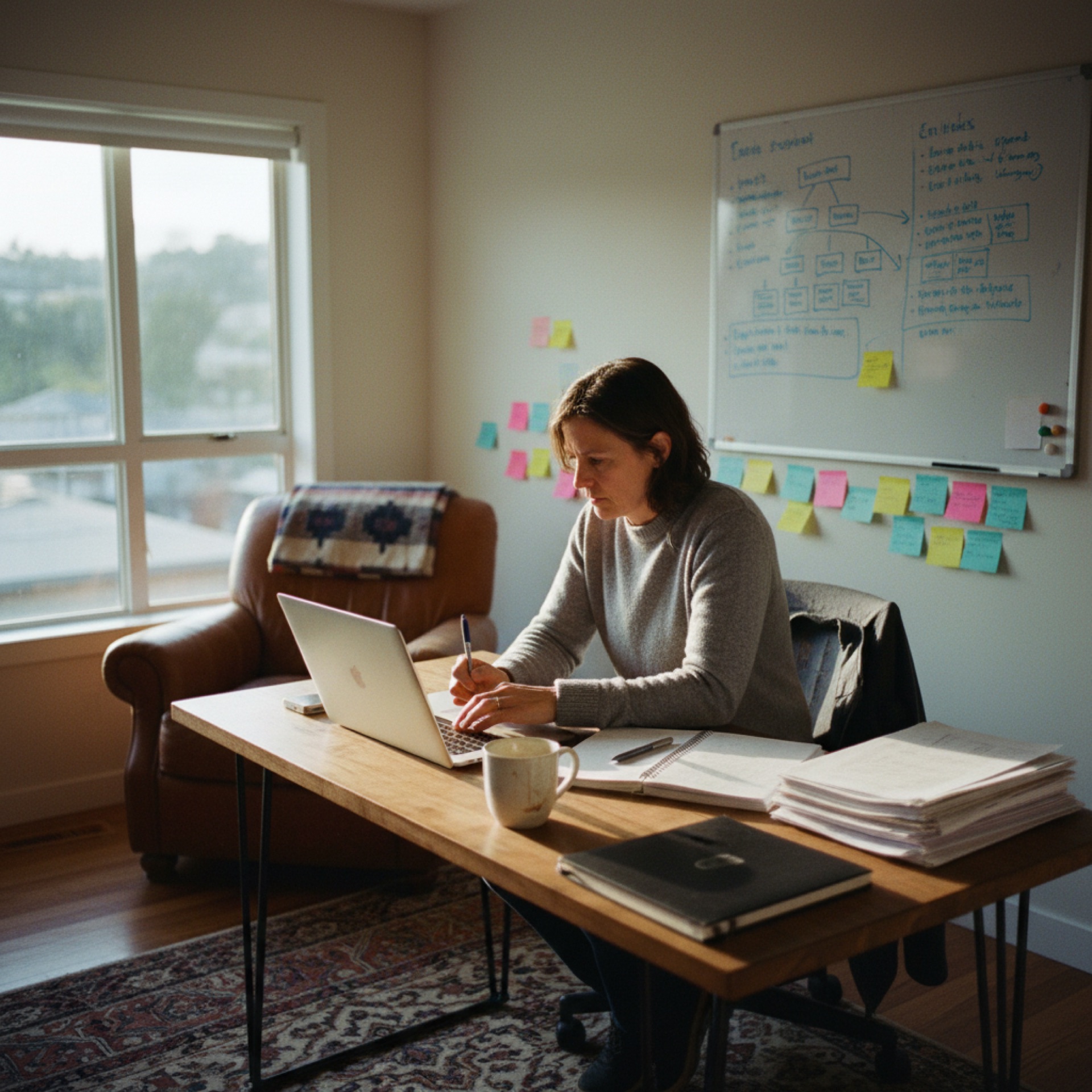A person sitting at a desk with a laptop open in a tidy office, with neatly arranged papers and a coffee cup nearby