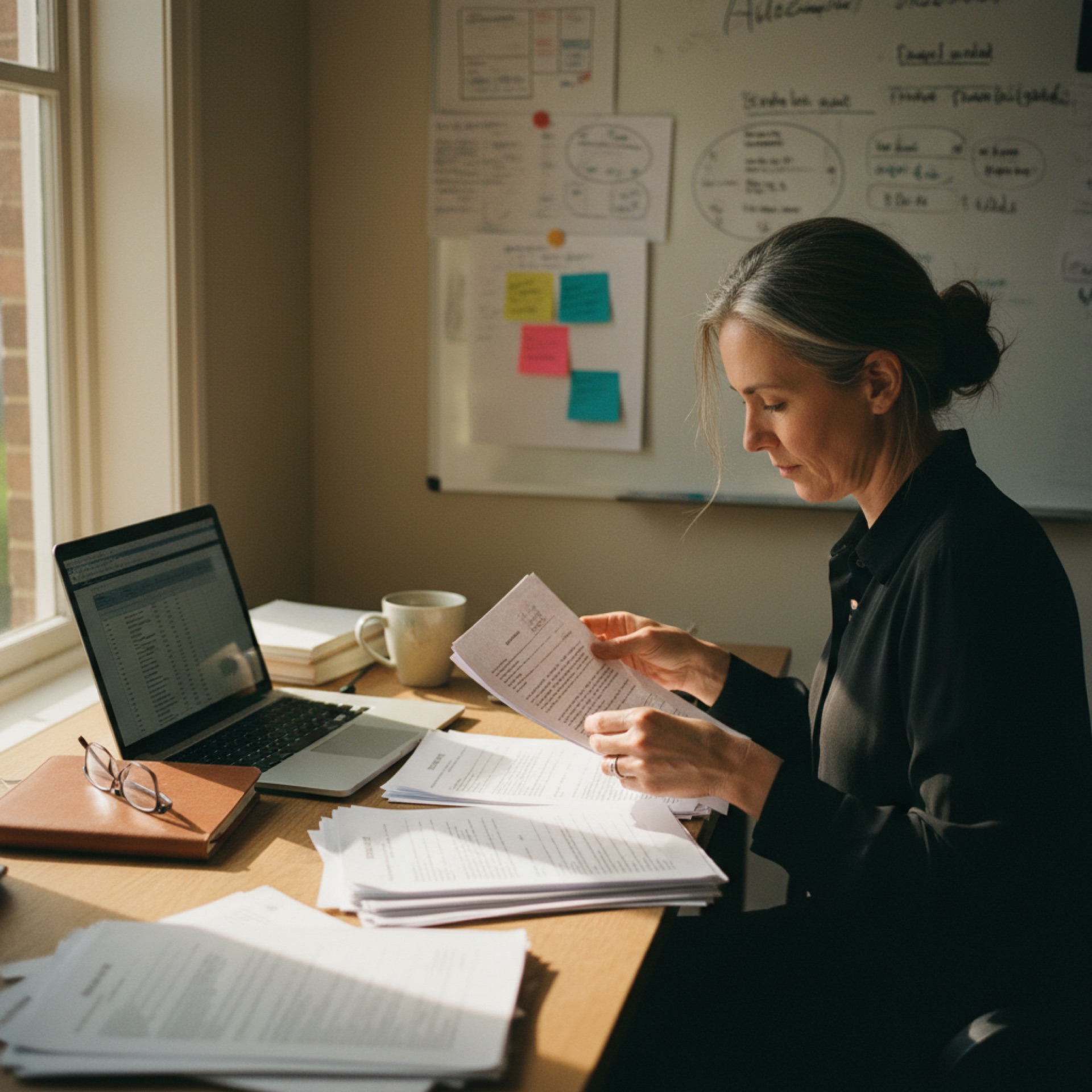 A person at a desk reviewing contract documents next to an open laptop