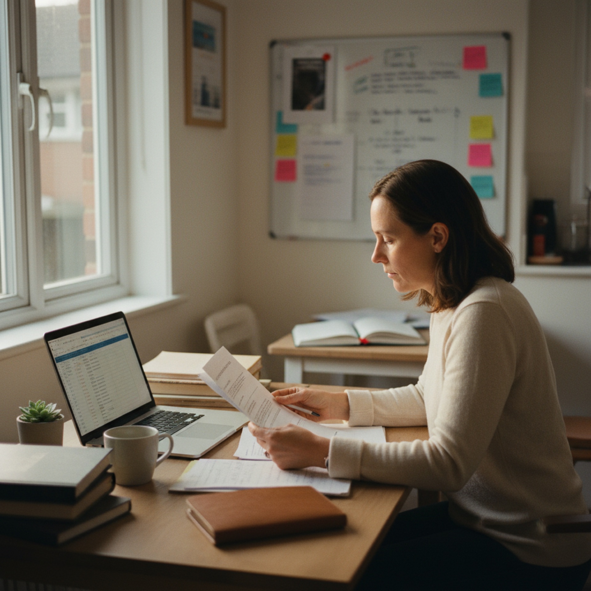 A business owner at a desk reviewing a printed document with a laptop open beside them