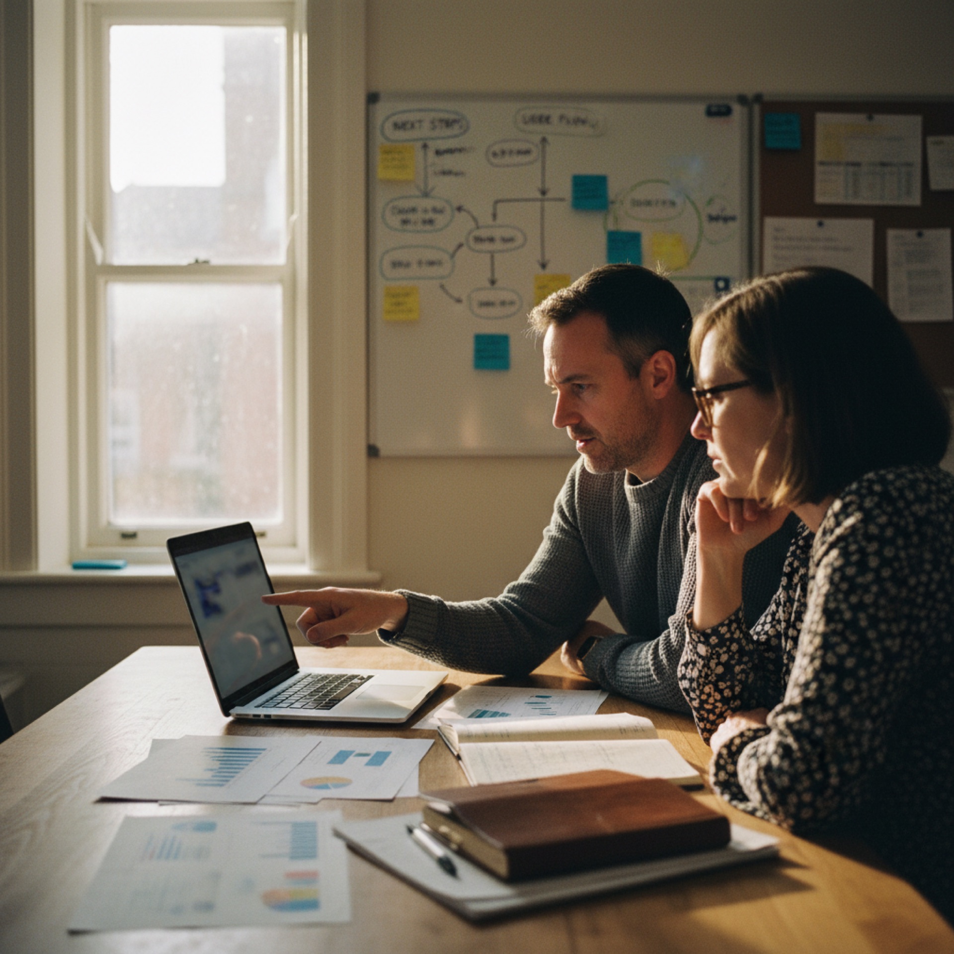 Two people sitting at a small table reviewing a laptop screen together in a bright office