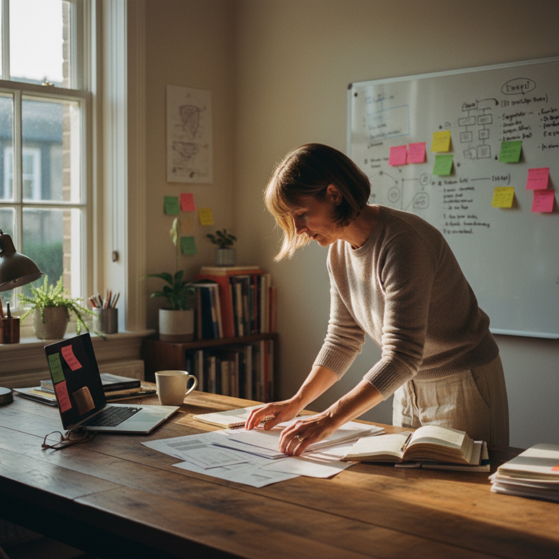 A professional reviewing printed documents at a desk with a laptop open to one side