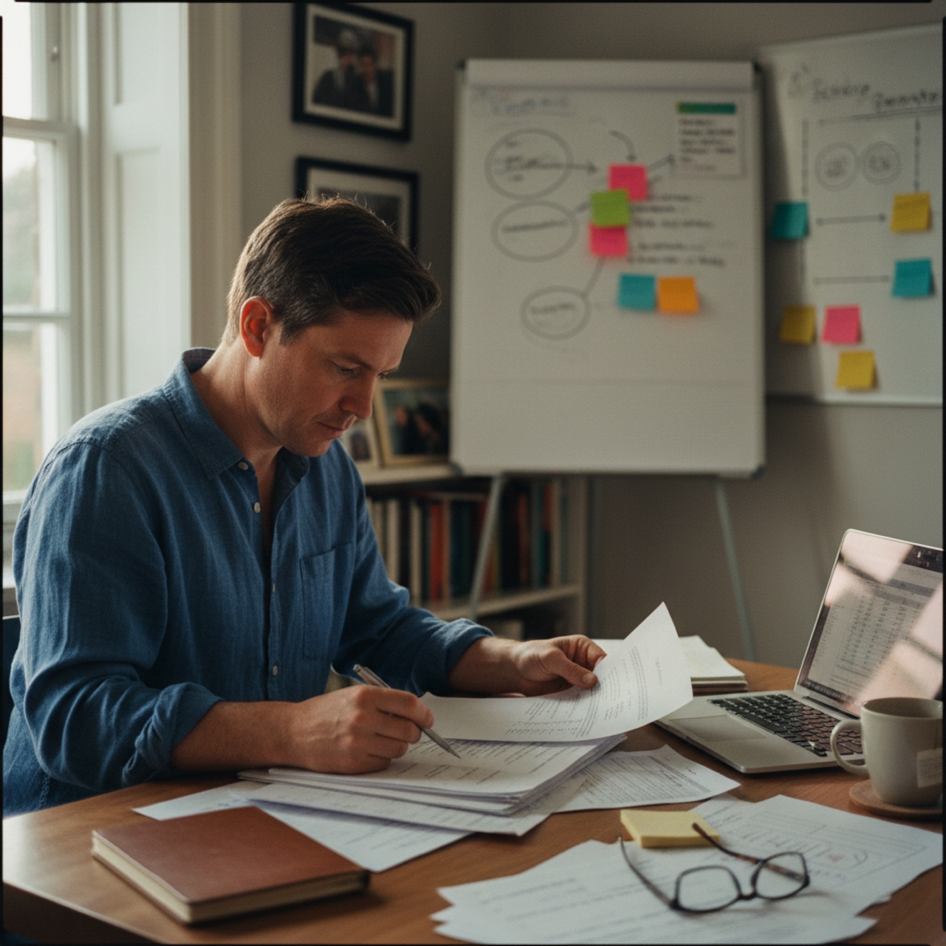 A person reviewing printed documents at a desk with a laptop open beside them
