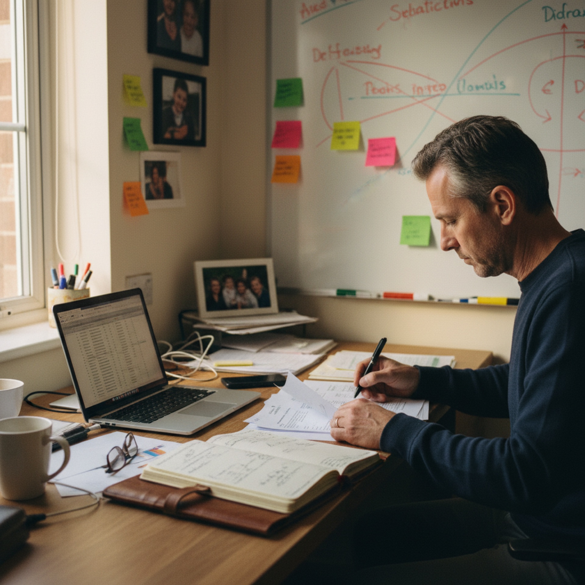 A business owner reviewing printed documents at a desk with a laptop open beside them