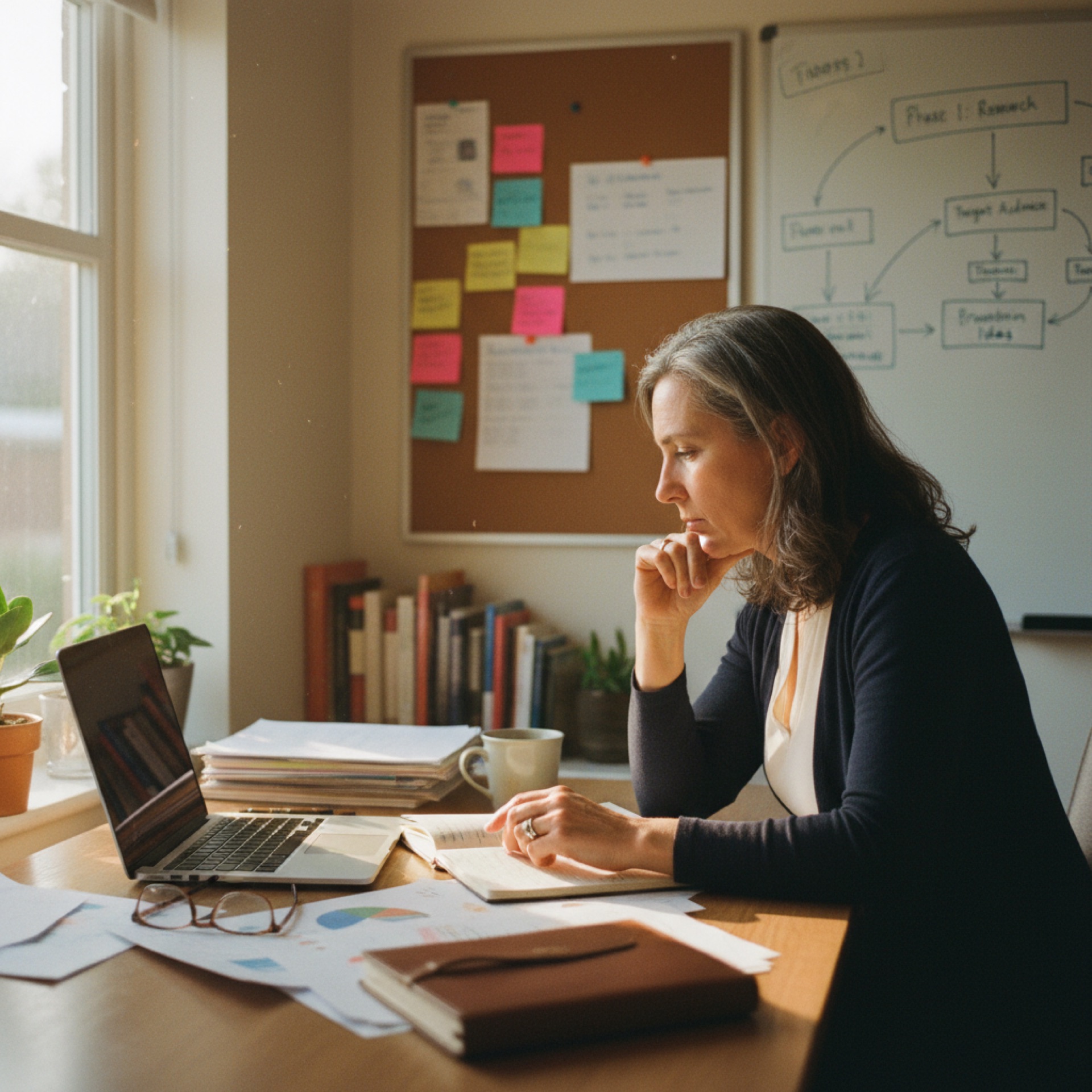 A person sitting at a desk reviewing documents on a laptop in a quiet, naturally lit office