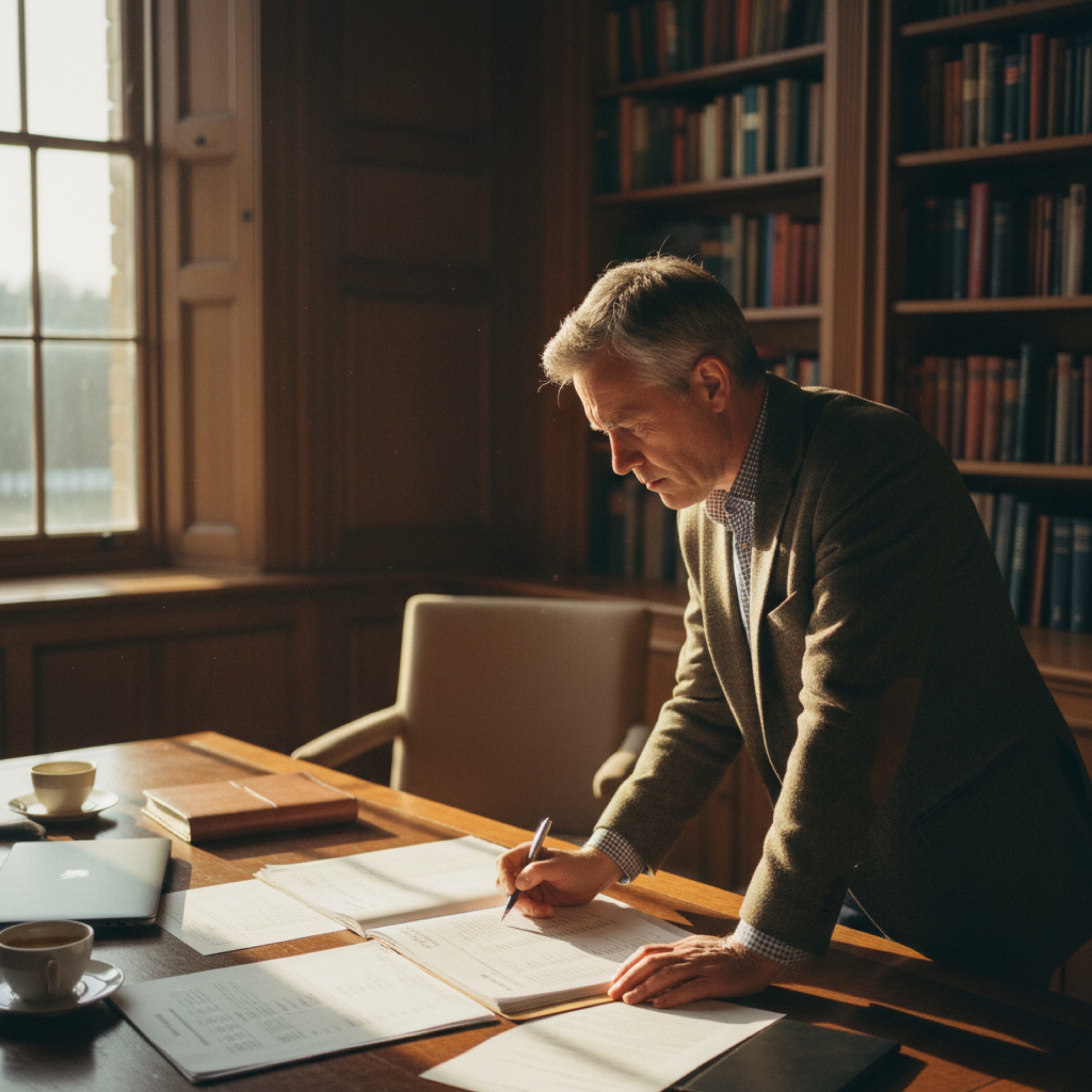 Person reviewing a financial report at a desk with papers and a laptop